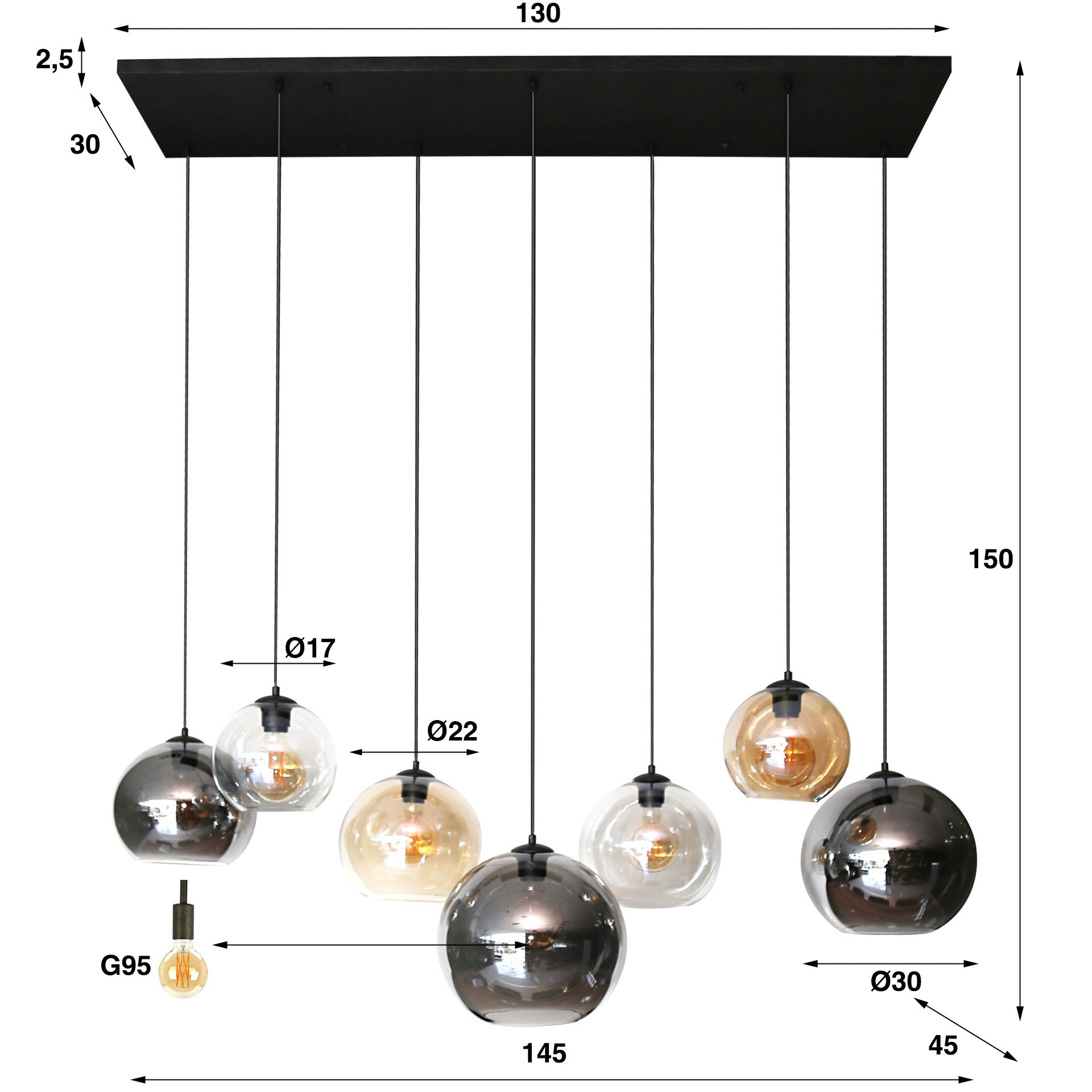 Suspension "Olivara" – 7 abat-jours sphériques en verre couleur ambre, chrome et gris clair