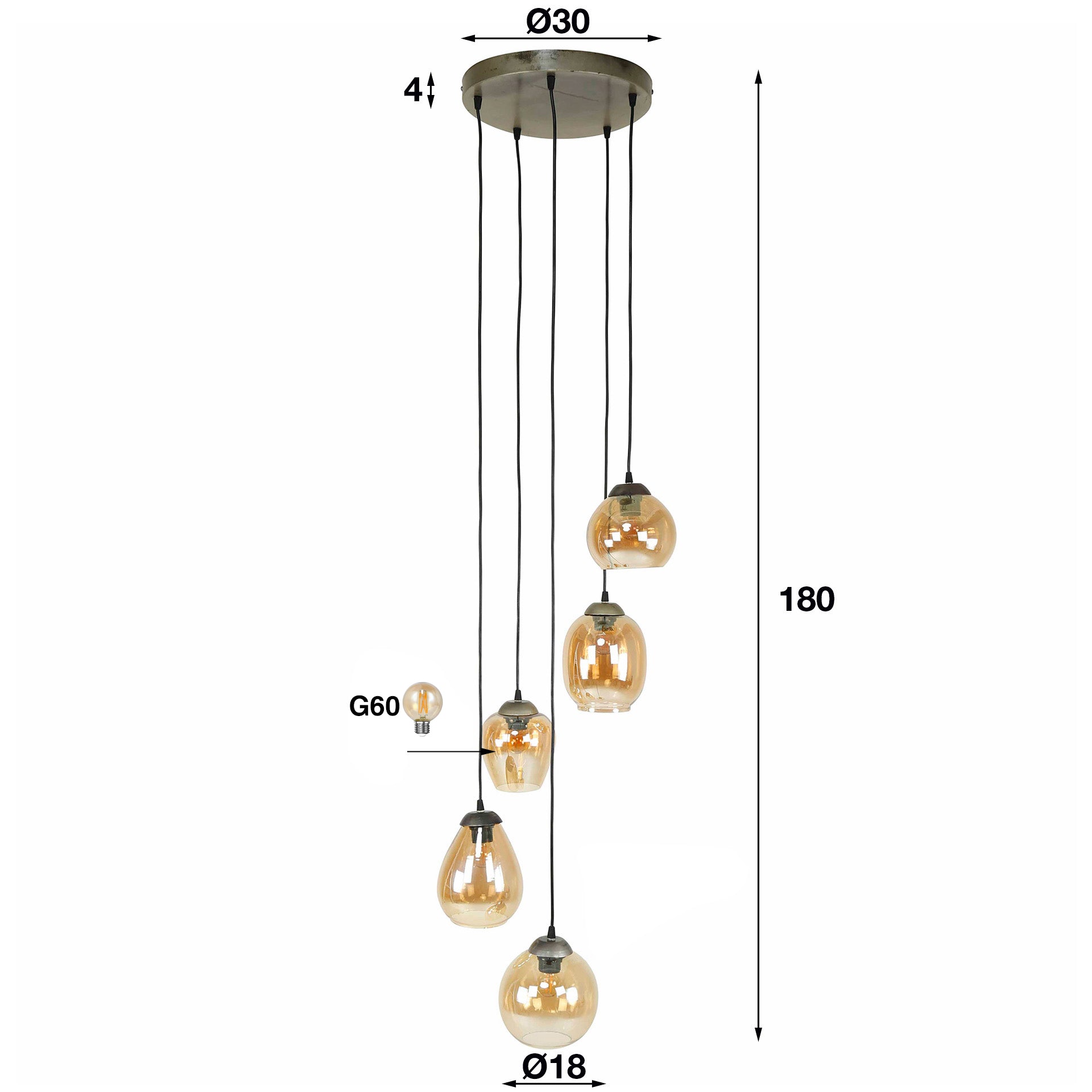 Pendant Lamp "Alaris" – 5-Tier Lights with Amber-Colored or Chrome Glass