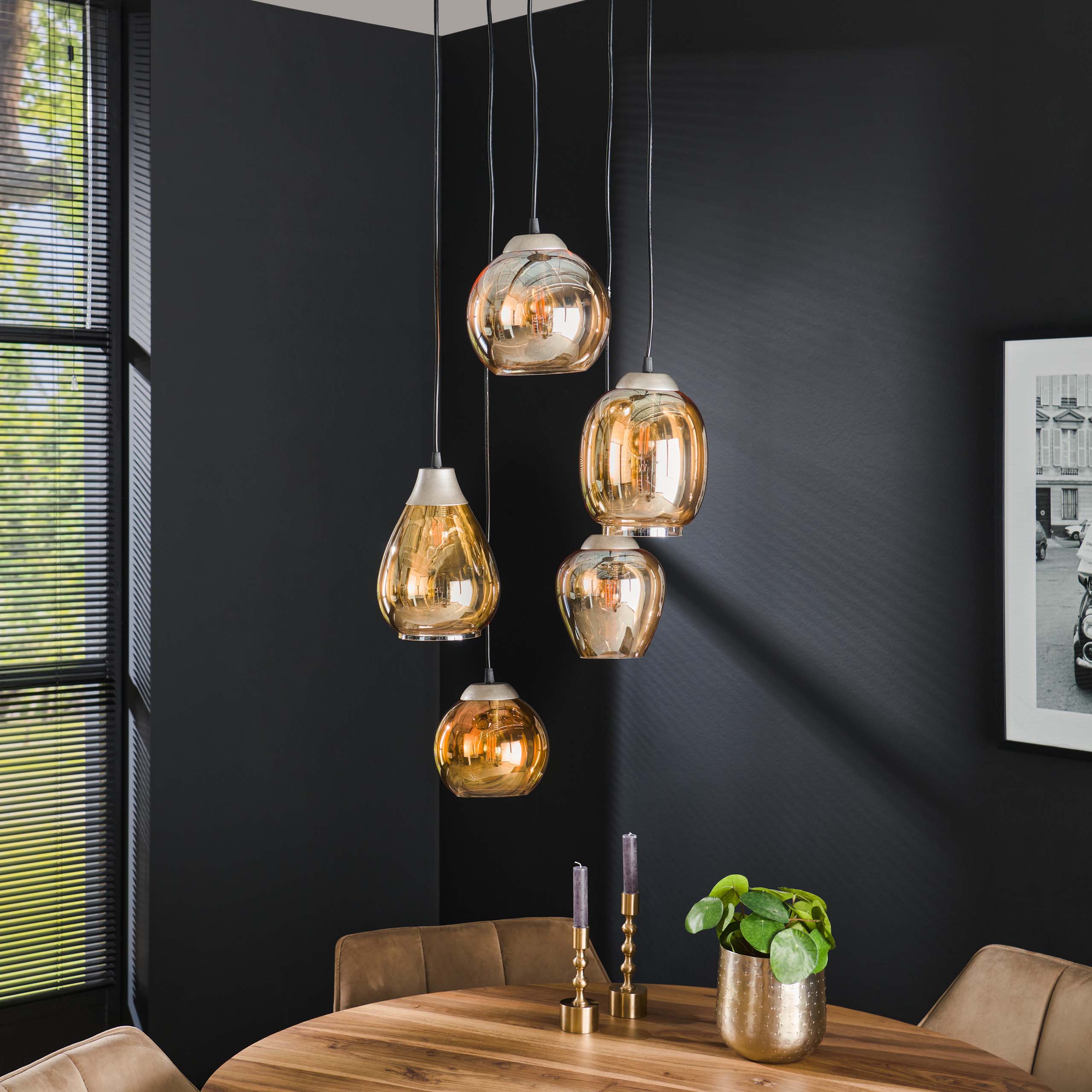 Pendant Lamp "Alaris" – 5-Tier Lights with Amber-Colored or Chrome Glass