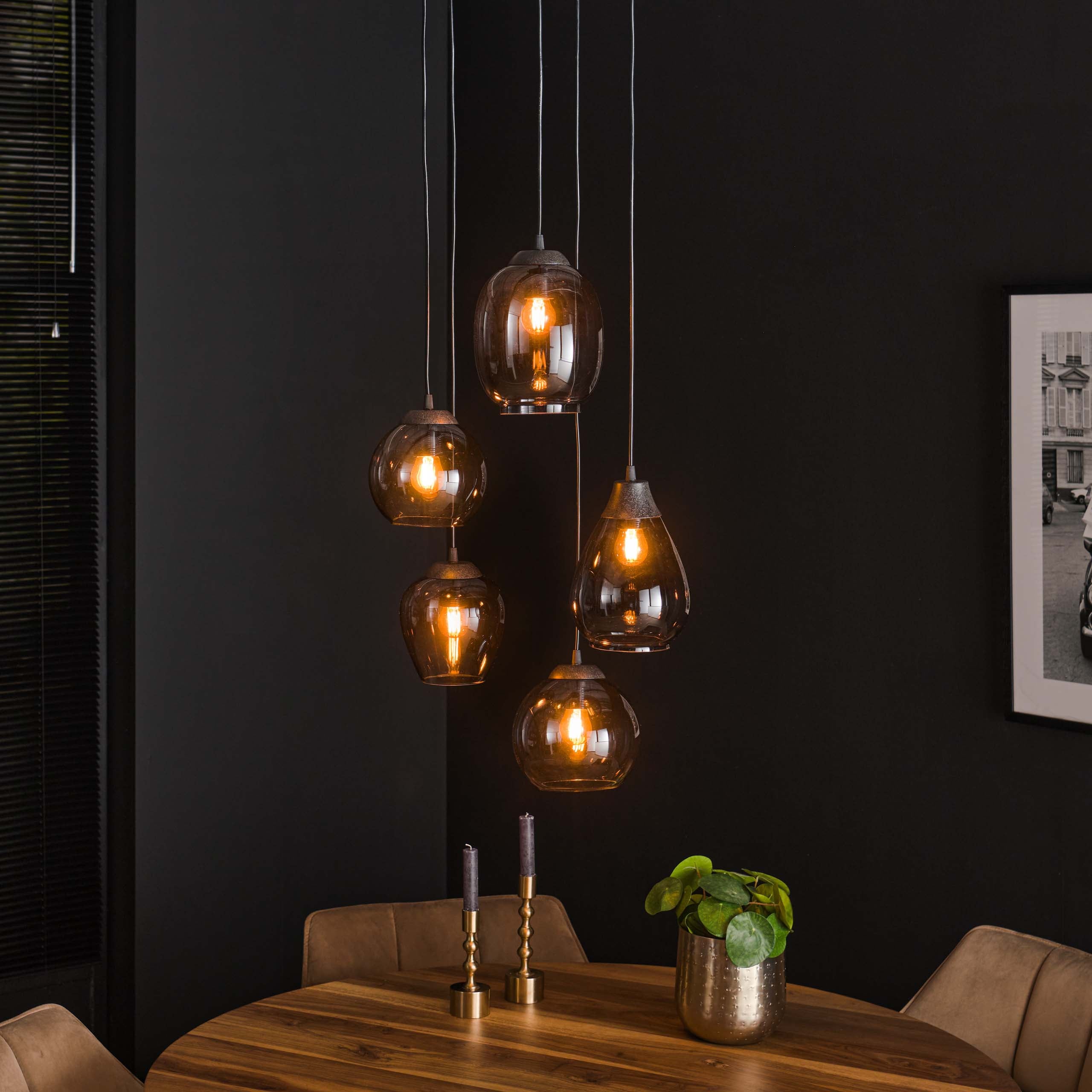 Pendant Lamp "Alaris" – 5-Tier Lights with Amber-Colored or Chrome Glass