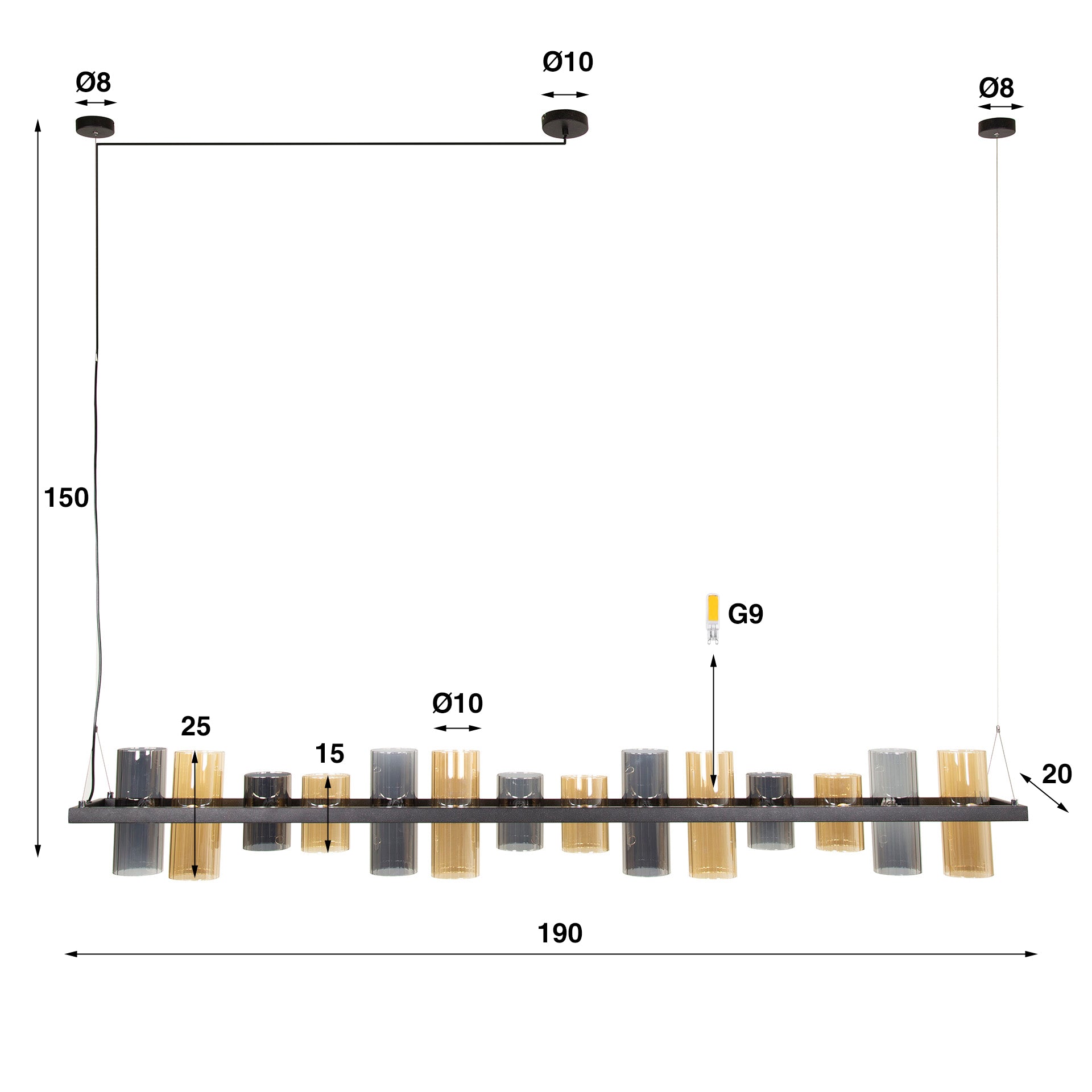 Pendelleuchte "Melvira“ – 14 zylindrische Glasschirme in Bernstein- und Chromoptik