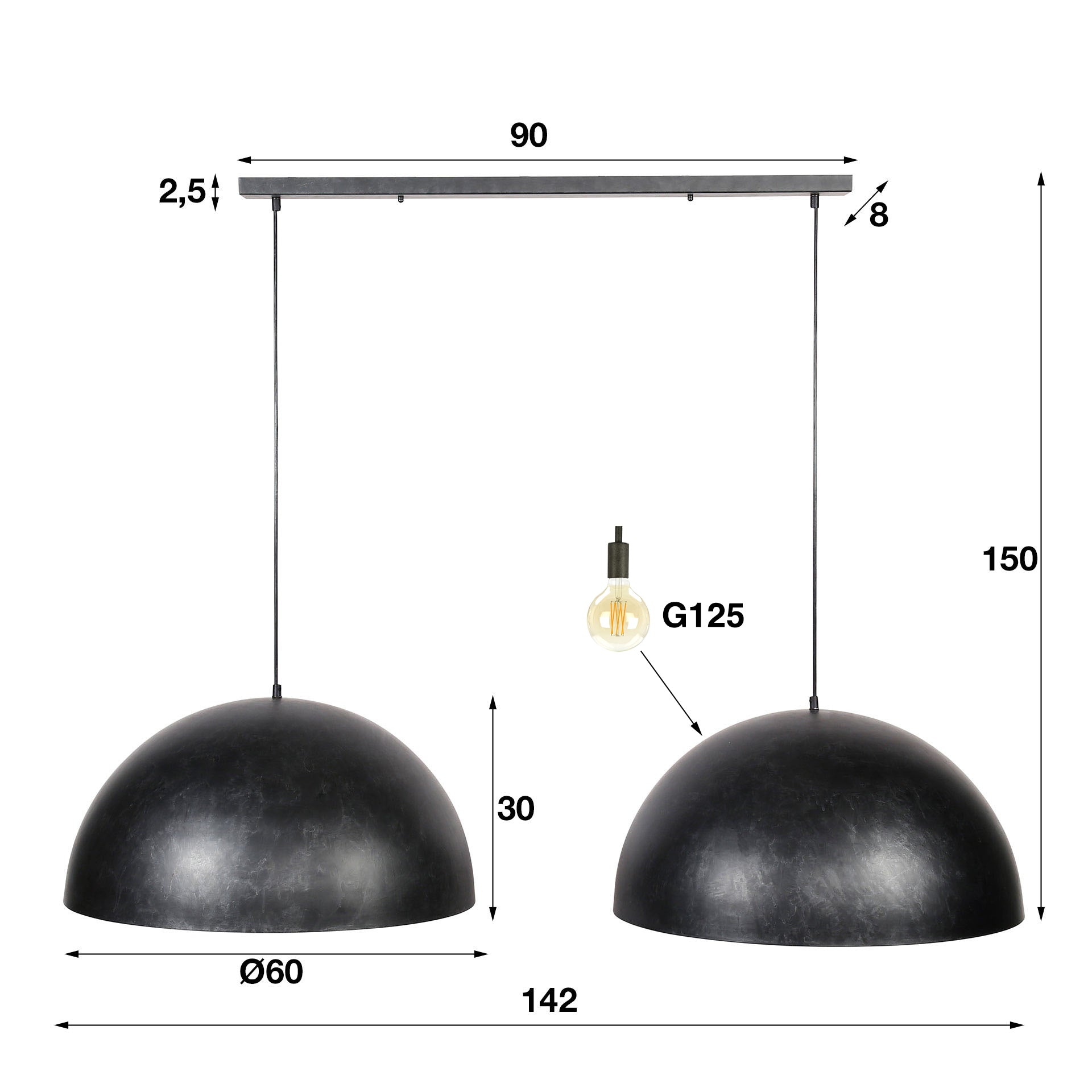 Suspension « Elandra » – 2 lampes avec abat-jours en forme de dôme de 60 cm de diamètre en gris foncé