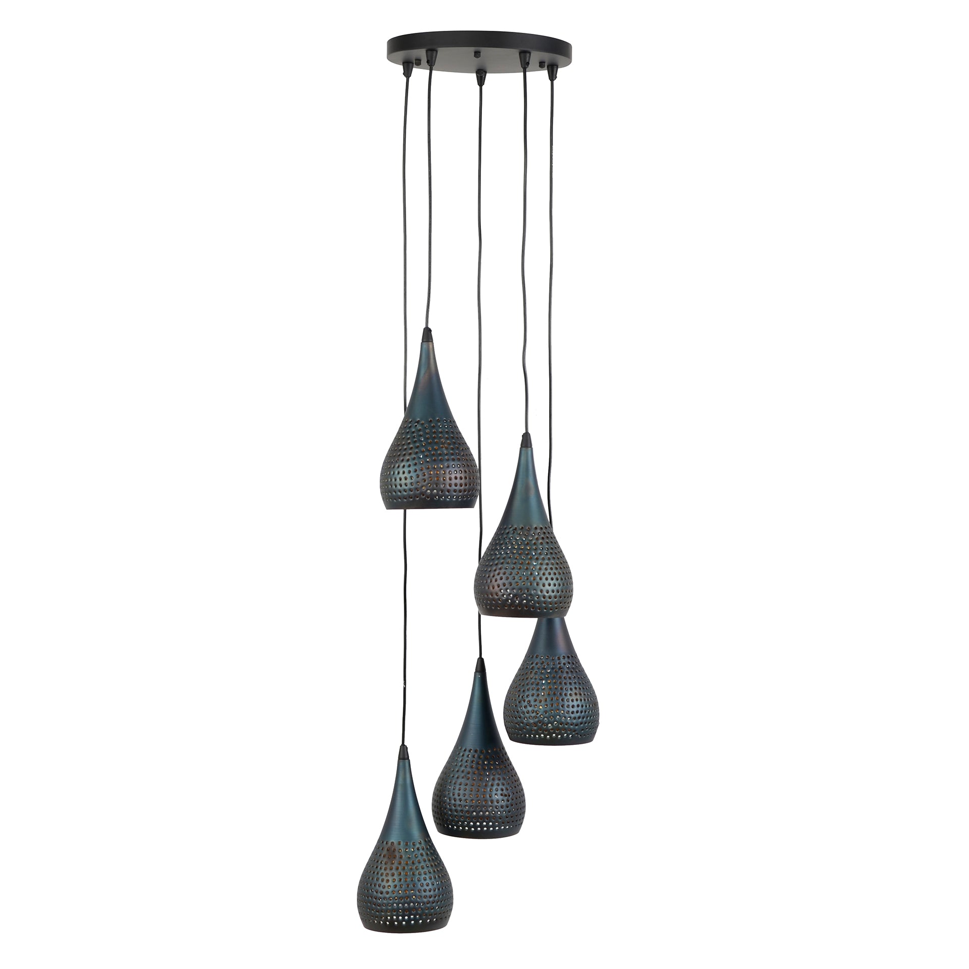Suspension "Calira" – Étagée avec 5 abat-jours perforés en métal noir-bronze