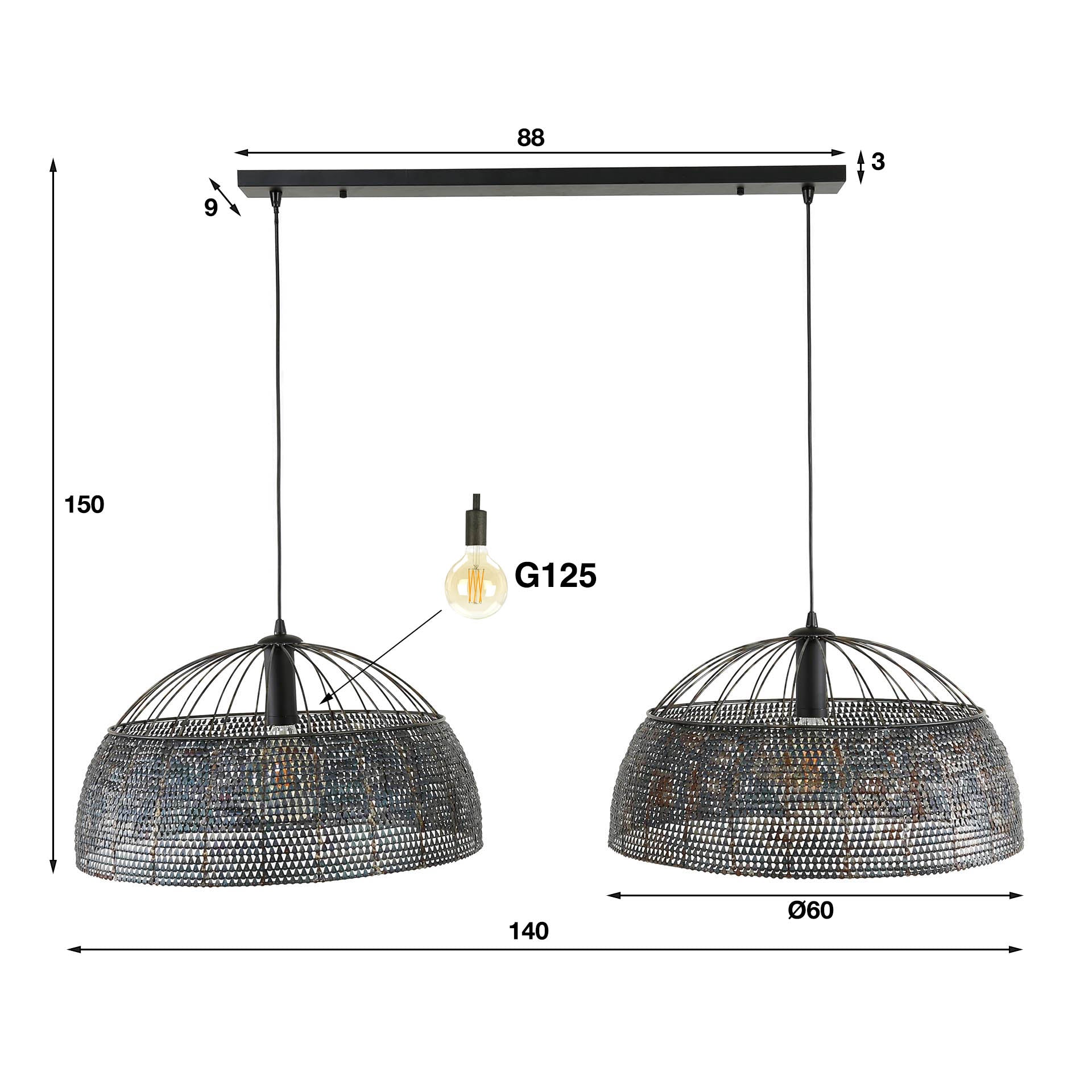 Pendant Lamp "Aurelion" – With 2 Handcrafted, Semi-Circular Metal Lampshades in Black-Bronze