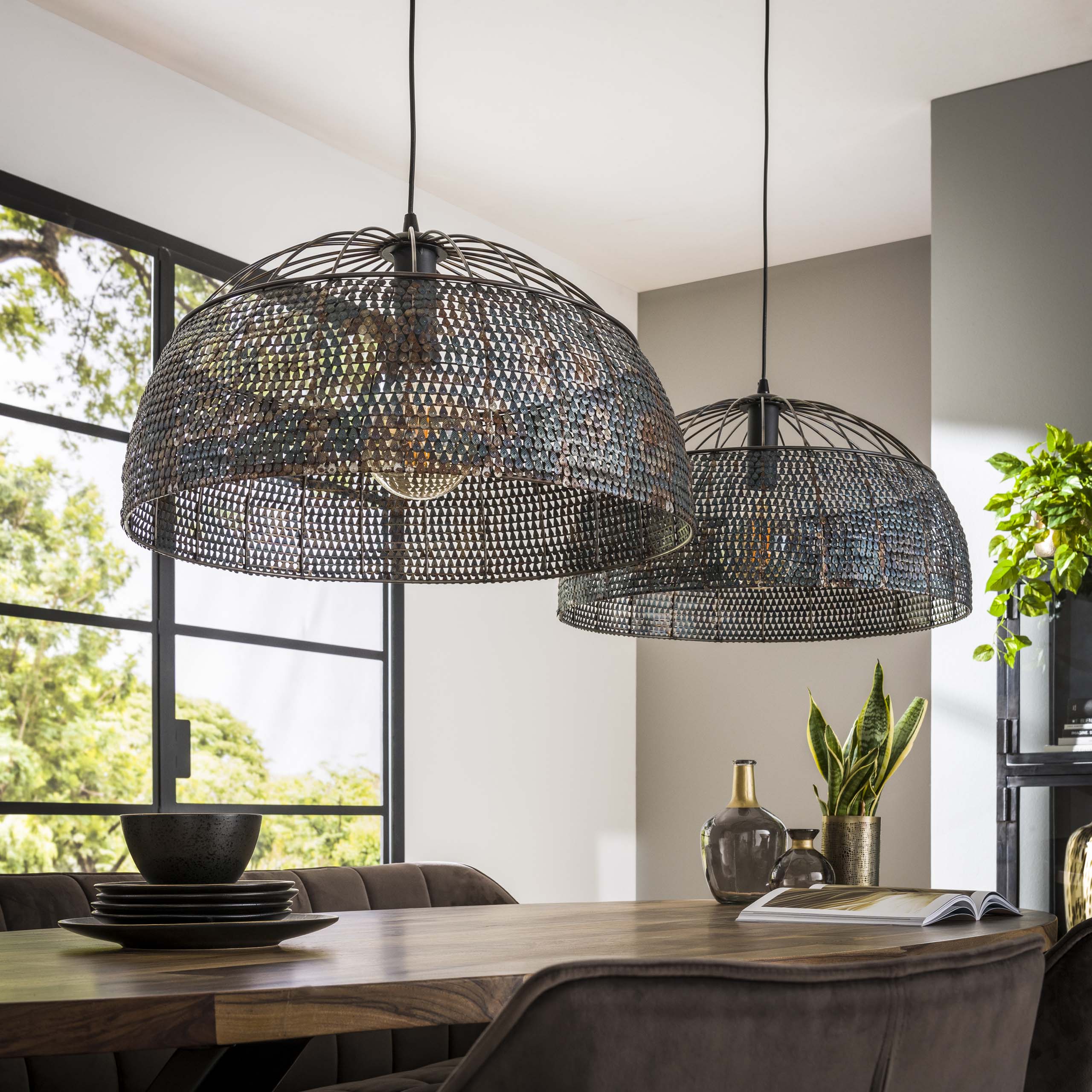 Pendant Lamp "Aurelion" – With 2 Handcrafted, Semi-Circular Metal Lampshades in Black-Bronze