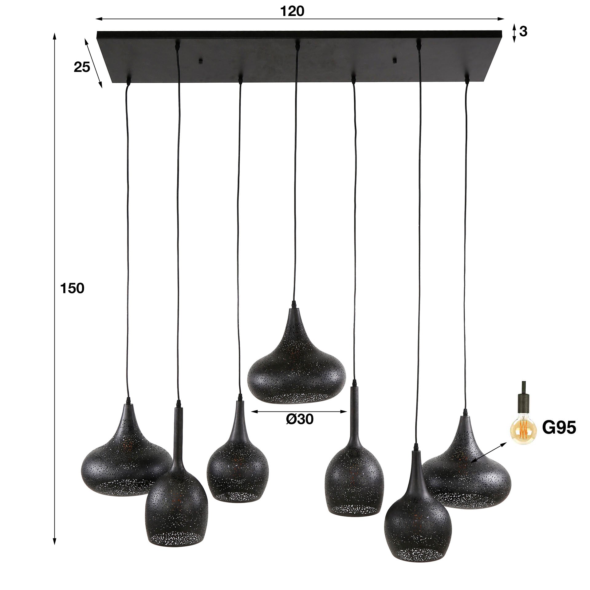 Pendant Lamp "Virena" – With 7 Individual, Handcrafted Lampshades in Black