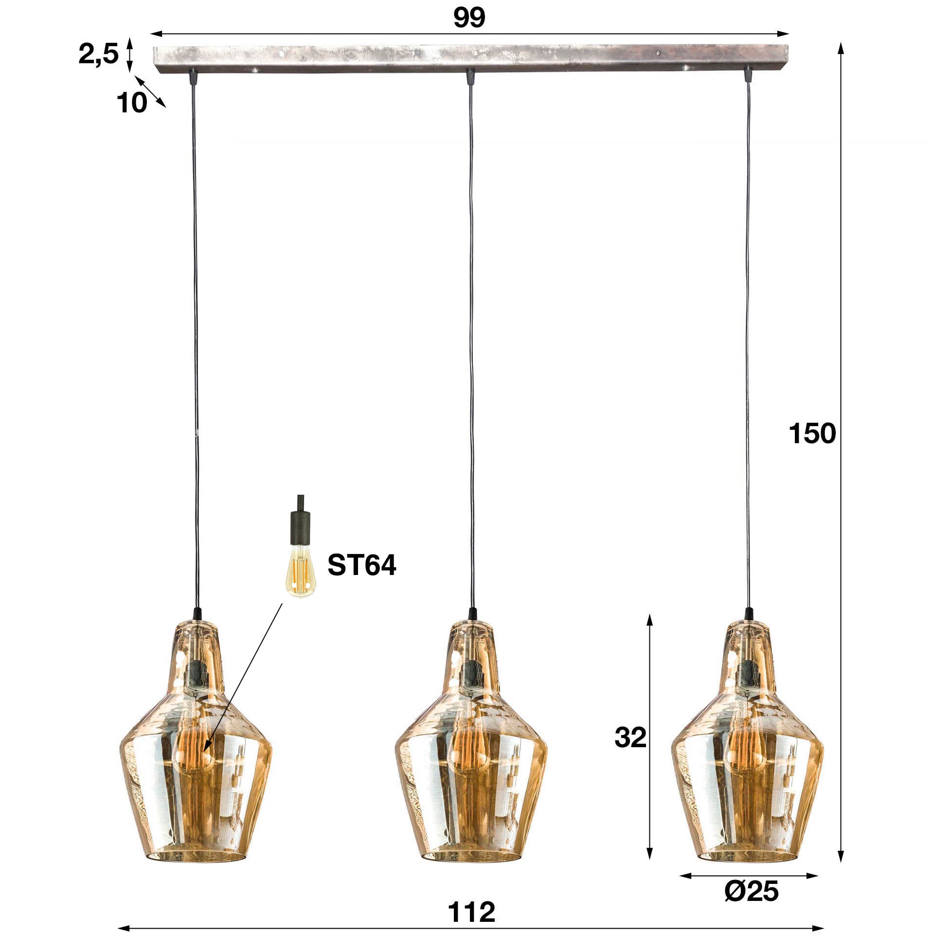 Suspension Virello – Abat-jours coniques en verre argent vieilli (3 feux)