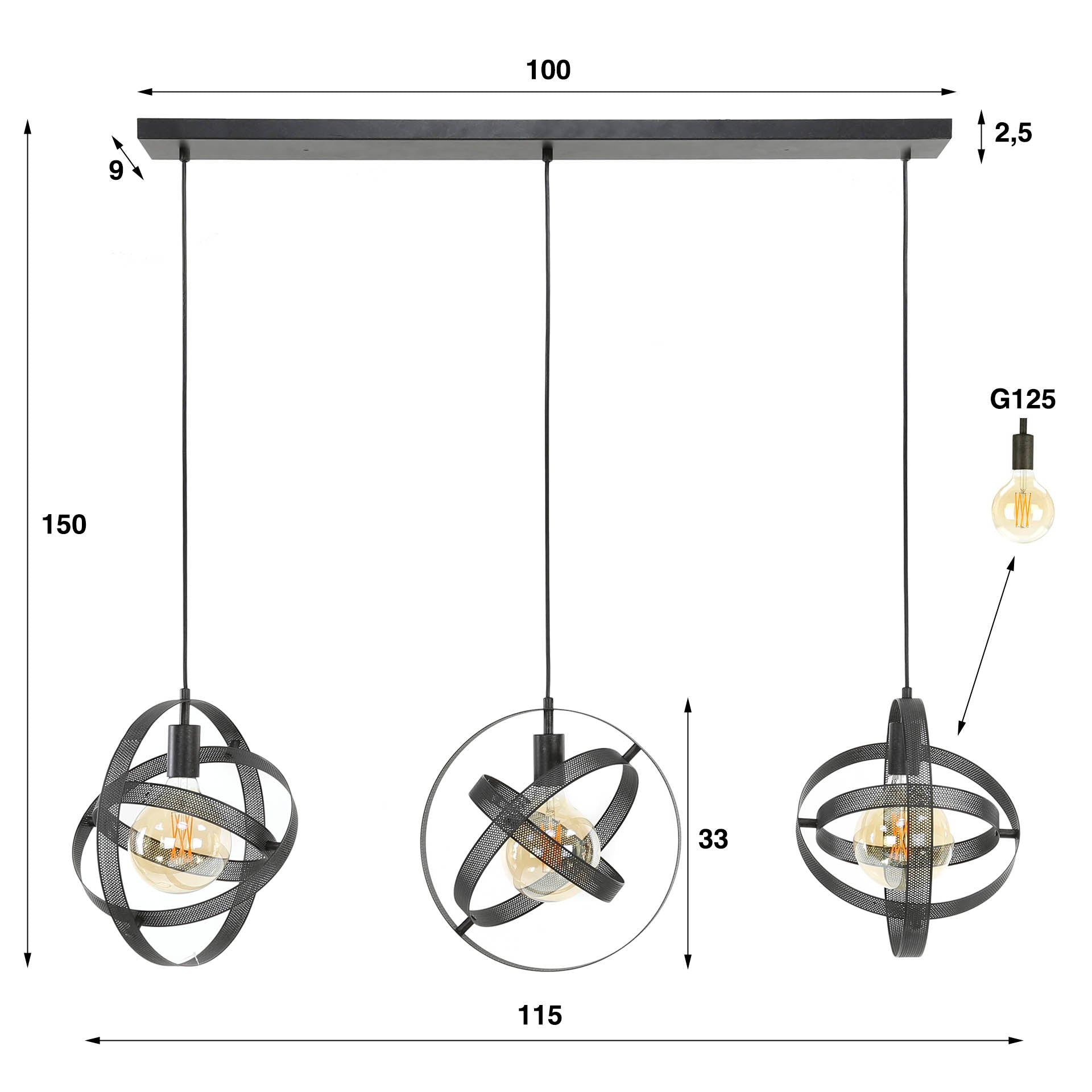 Pendant lamp Astryx – Rotatable ring design in Black (3-light)