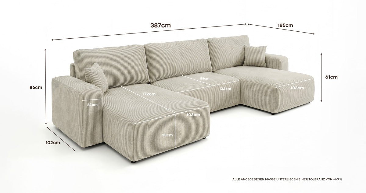 Canapé design Noma U avec fonction couchage et espace de rangement en Côtelé