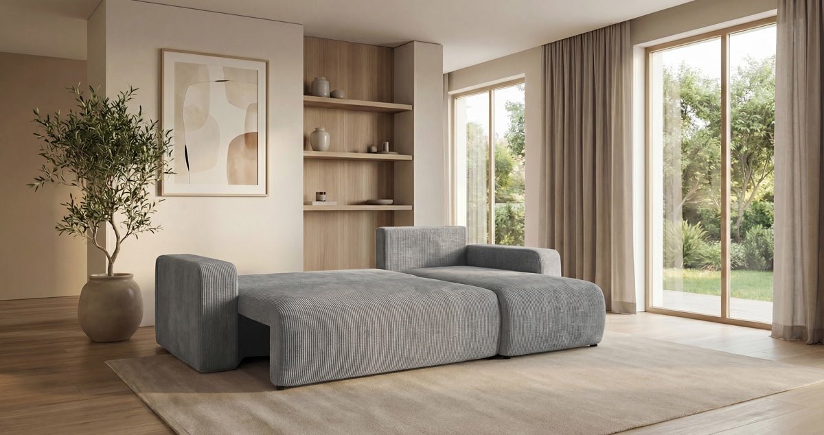 Designer Sofa Calva with Sleeper and Folding Function in Corduroy