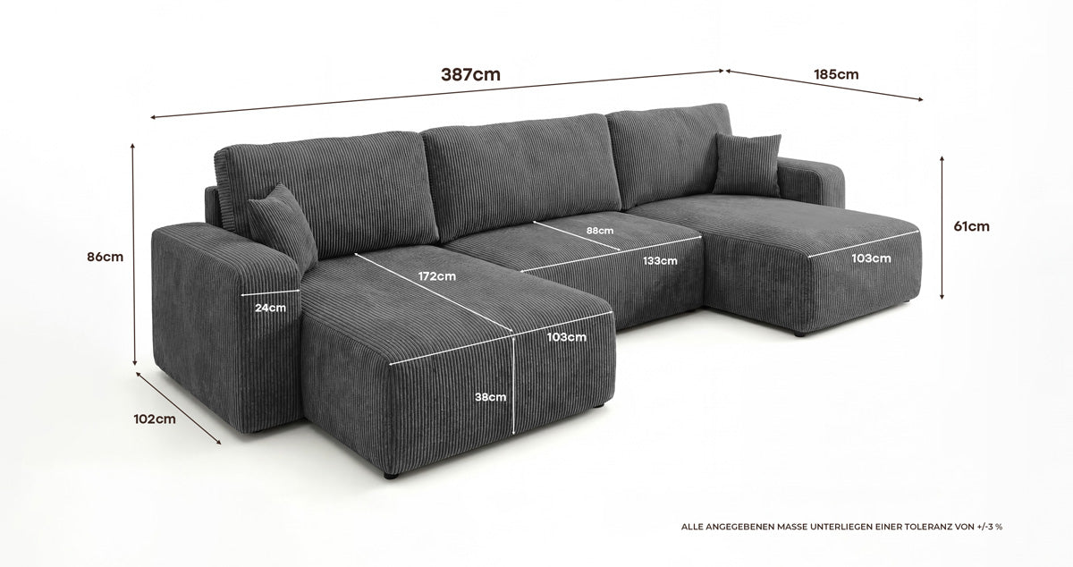 Canapé design Noma U avec fonction couchage et espace de rangement en Côtelé