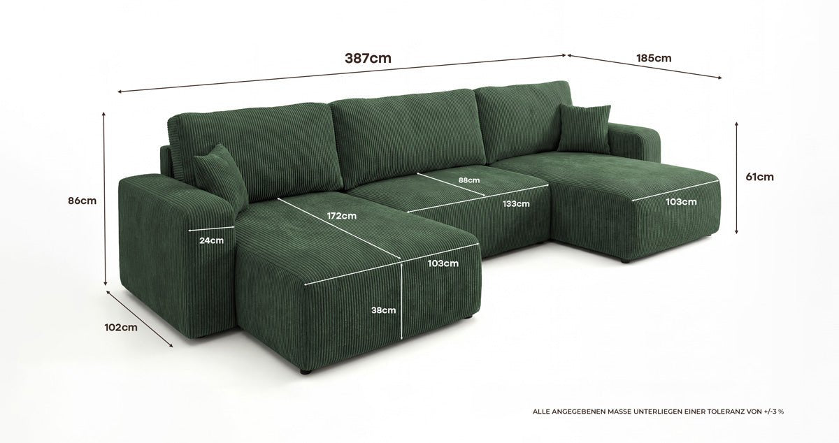 Canapé design Noma U avec fonction couchage et espace de rangement en Côtelé