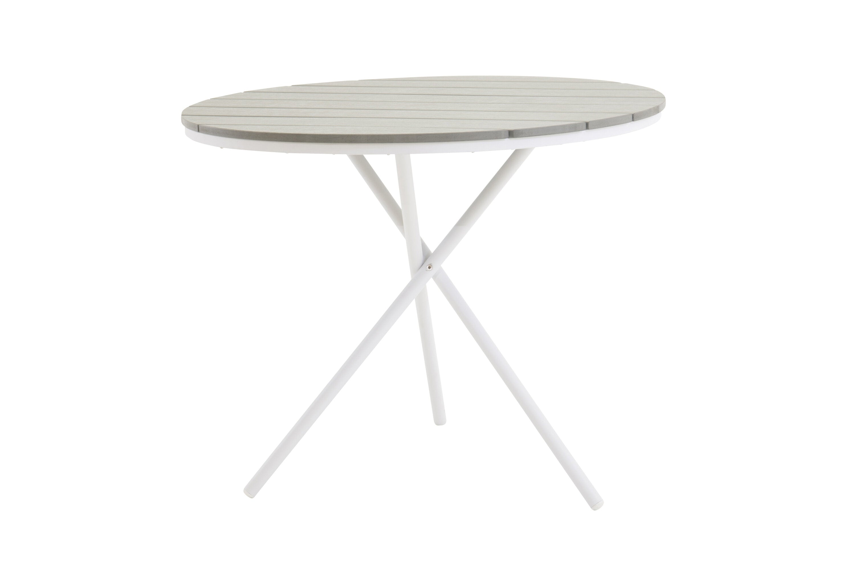 Garden table Malari - a round dining table with Aintwood tabletop and a metal frame