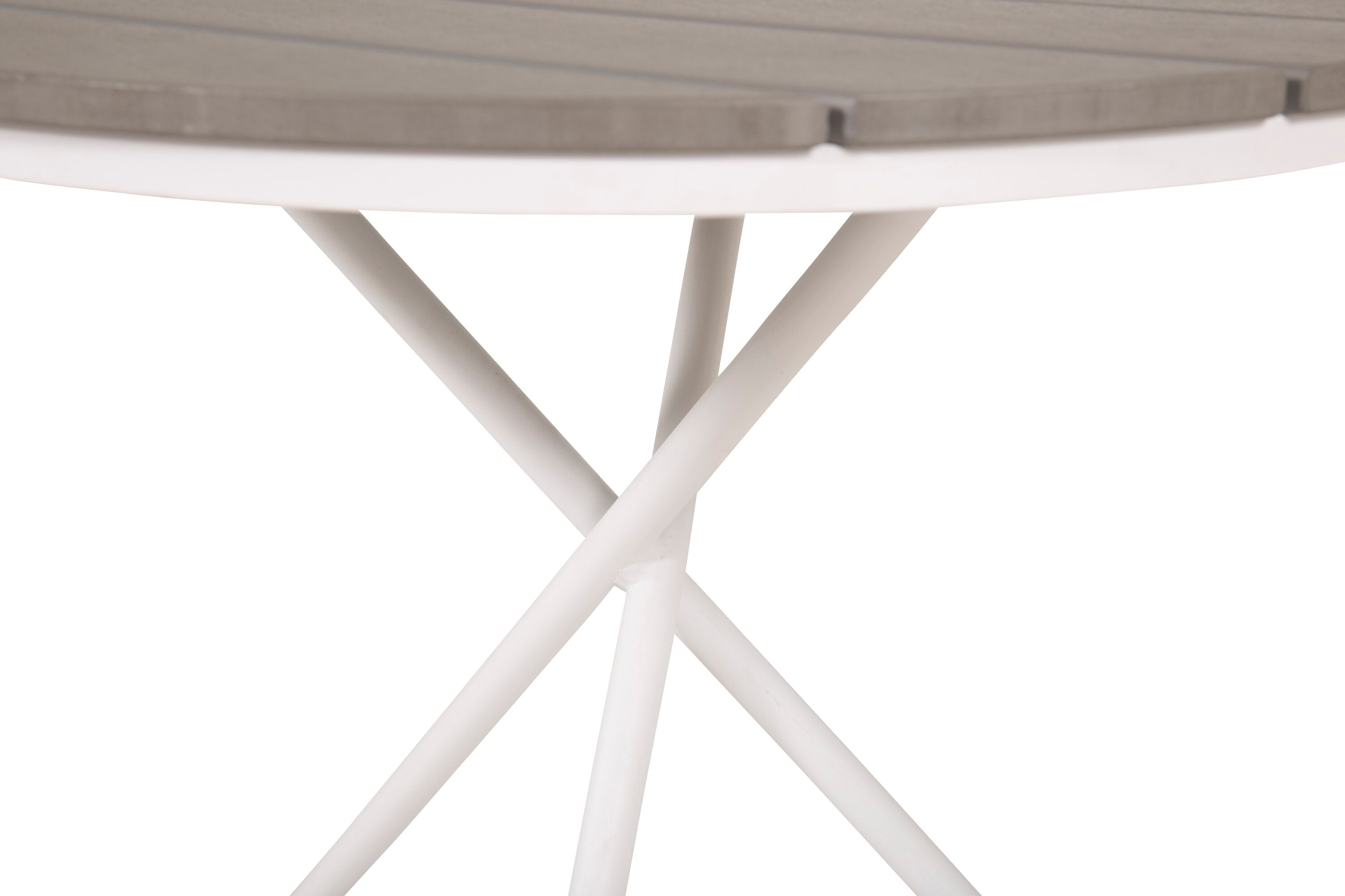 Garden table Malari - a round dining table with Aintwood tabletop and a metal frame