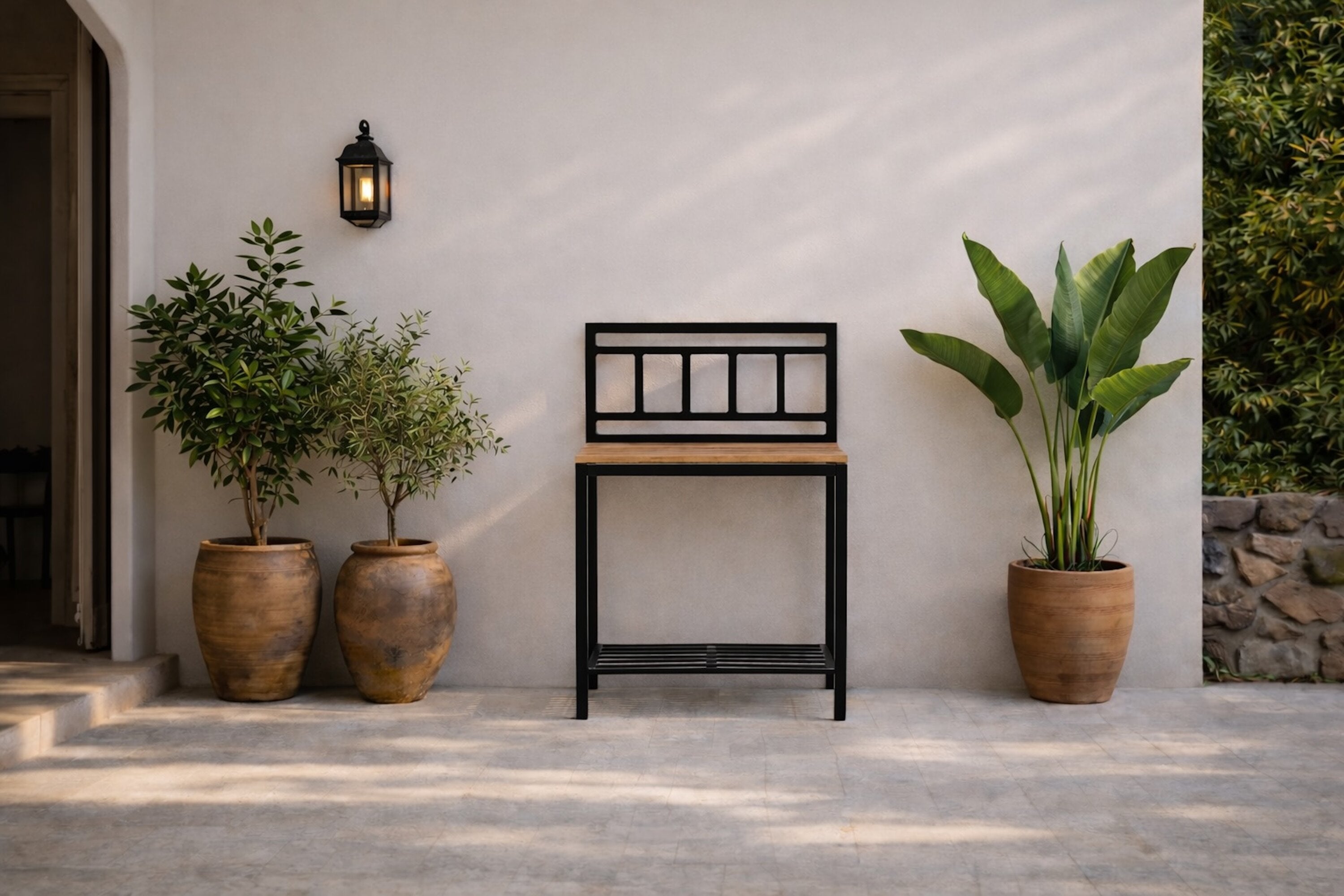 Ablagebänk Jana – Outdoor-Kichenmodul mat Teakholz-Arbechtsfläch