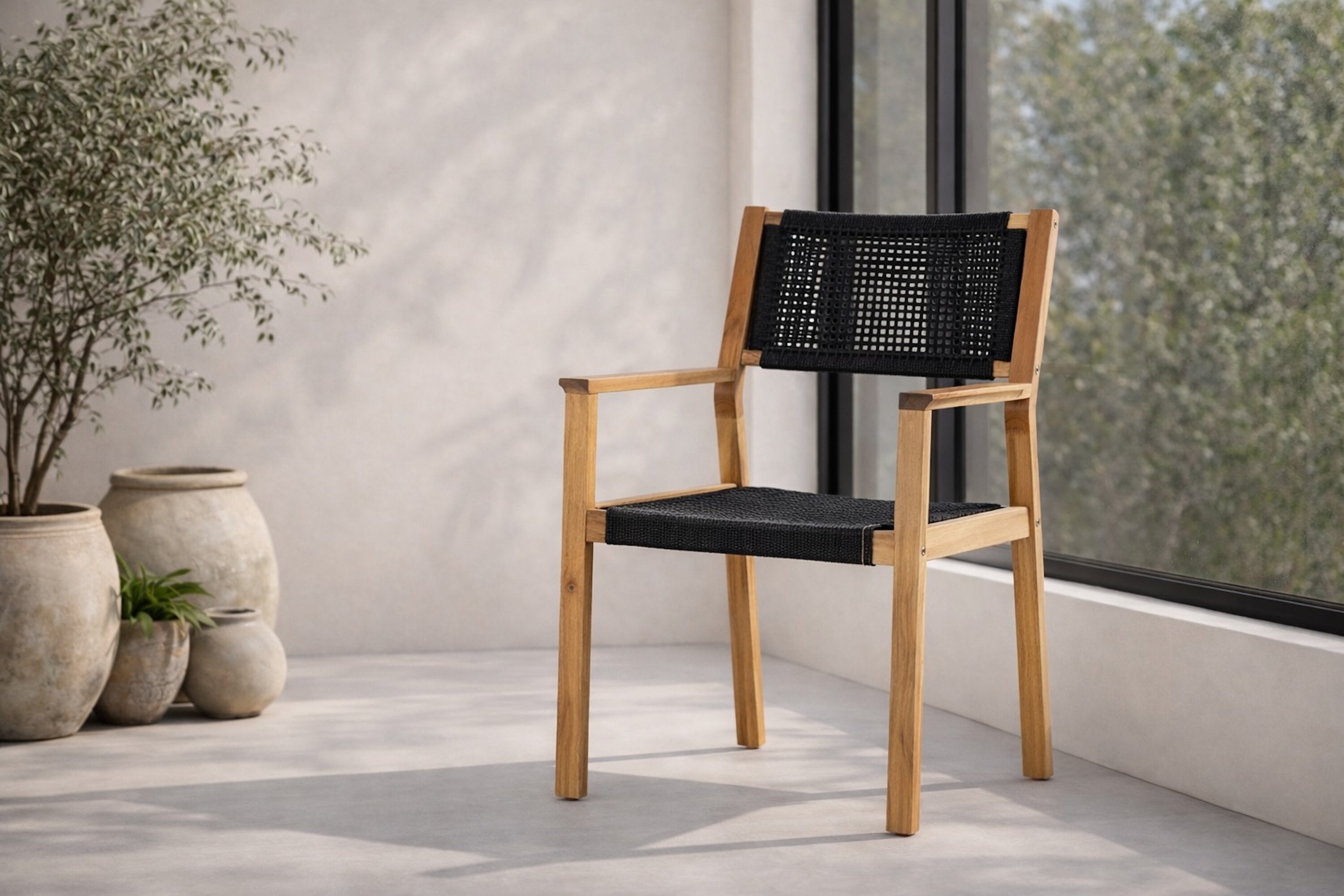 2-piece Set Garden Chair Mana - made of Acacia Wood with Black Seat and Backrest