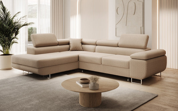 Designer Ecksofa Aston mit Schlaf- und Klappfunktion aus Bouclé