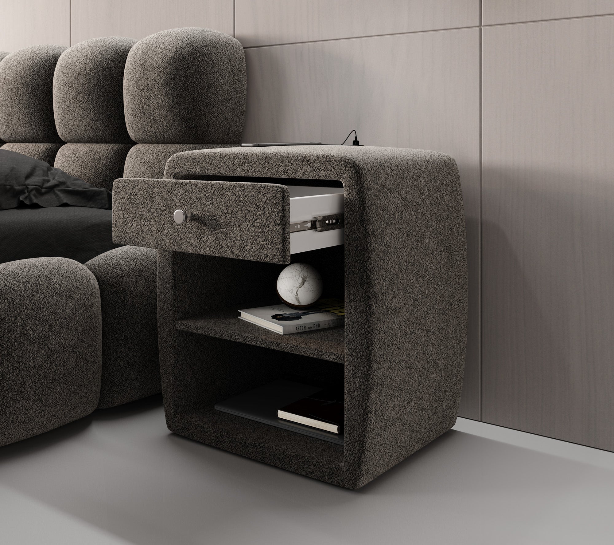 Designer Nachttisch Lilly mit USB Anschluss in Strukturstoff