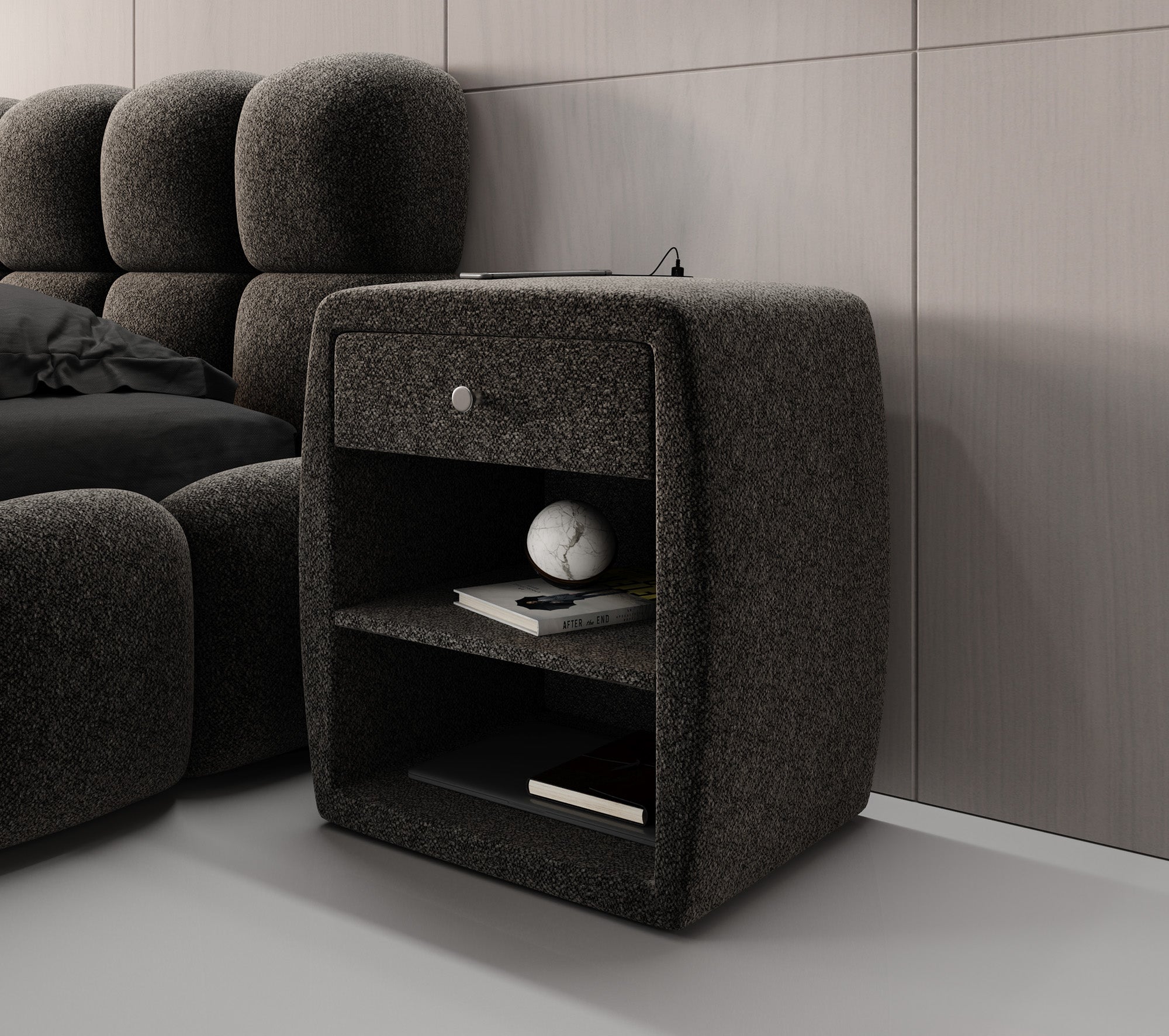 Designer Nachttisch Lilly mit USB Anschluss in Strukturstoff