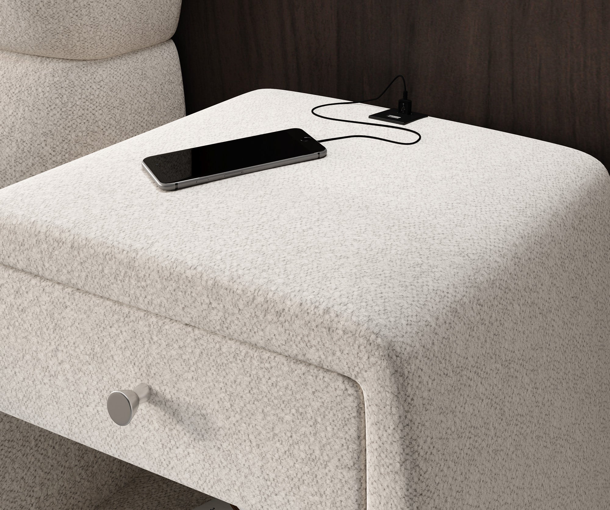 Designer Nachttisch Lilly mit USB Anschluss in Strukturstoff