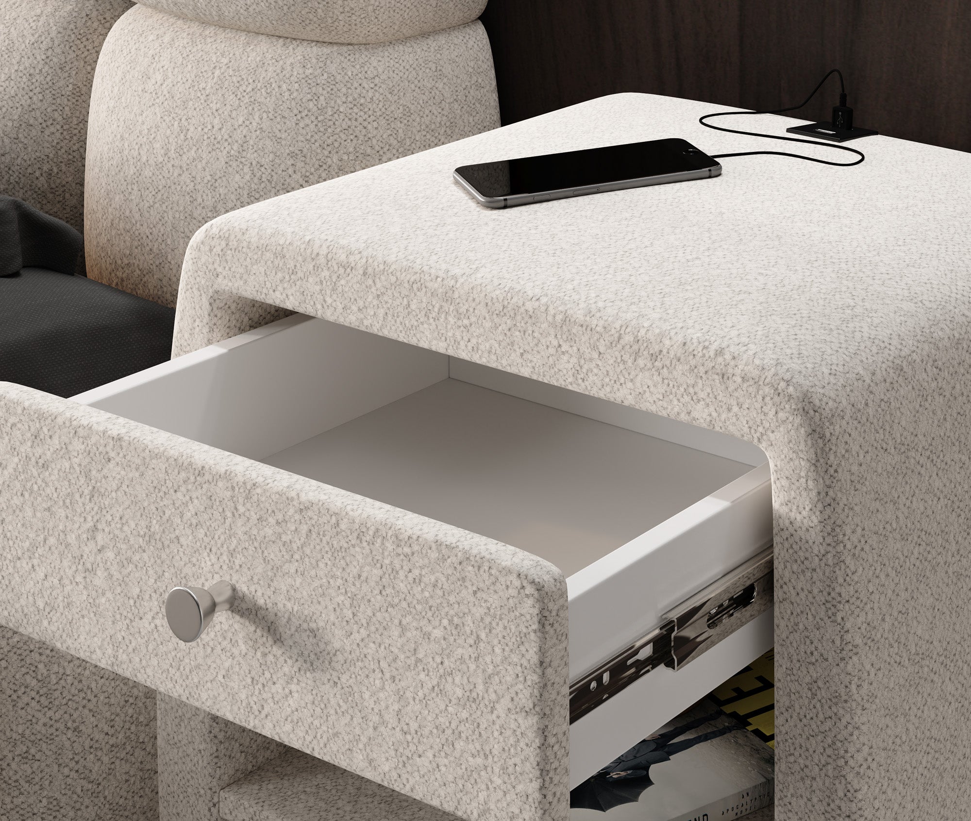 Designer Nachttisch Lilly mit USB Anschluss in Strukturstoff