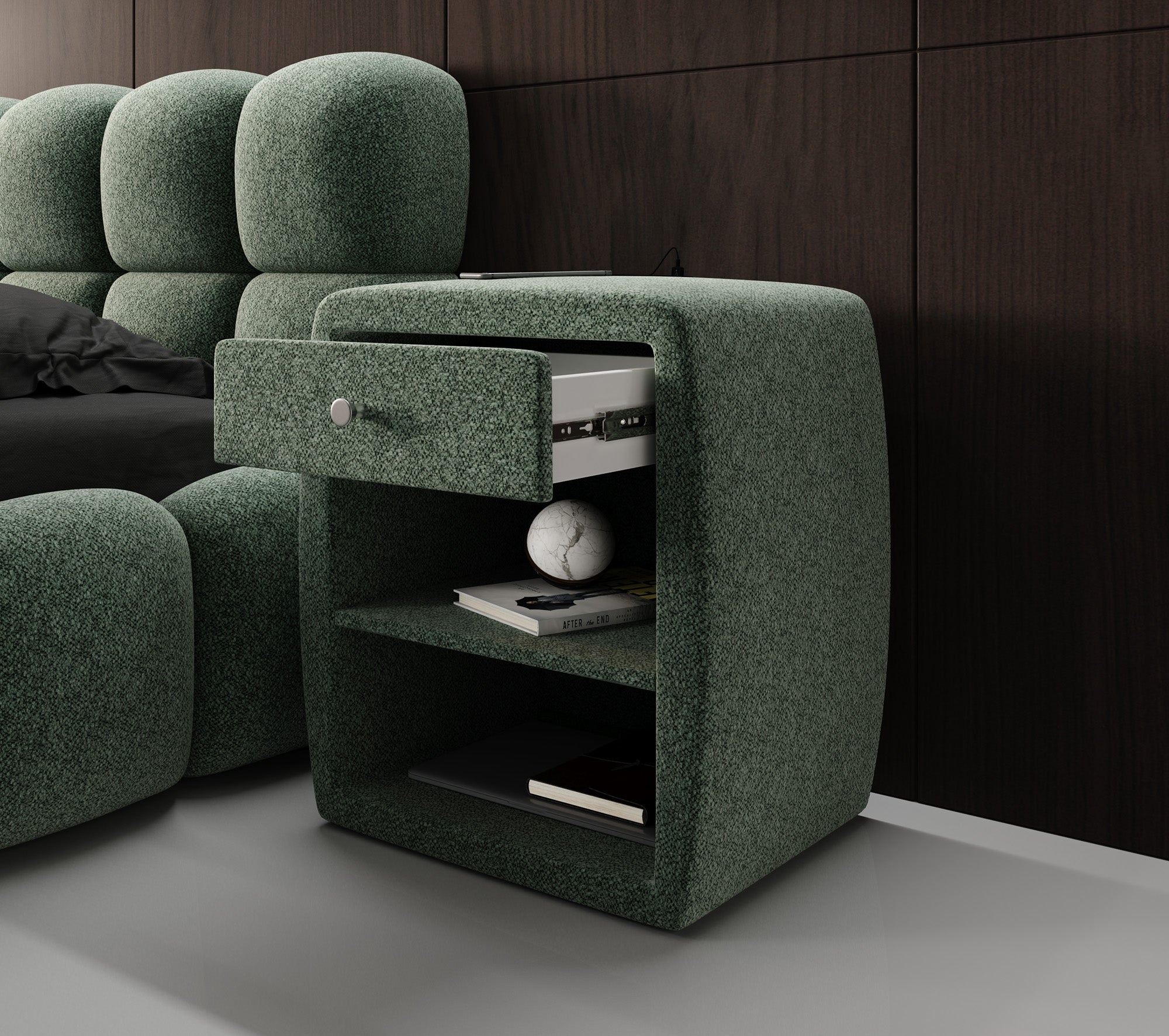 Designer Nachttisch Lilly mit USB Anschluss in Strukturstoff