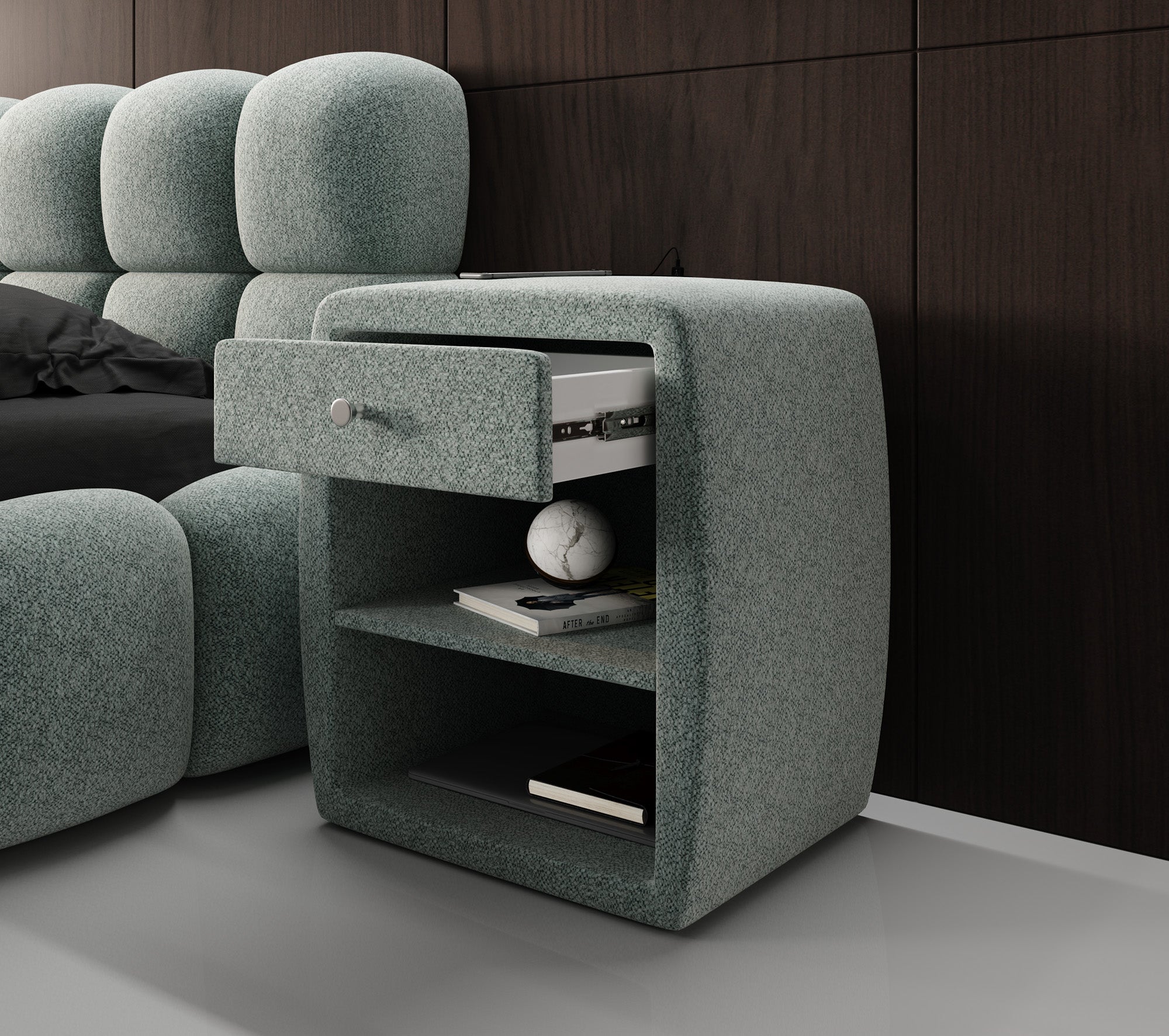 Designer Nachttisch Lilly mit USB Anschluss in Strukturstoff
