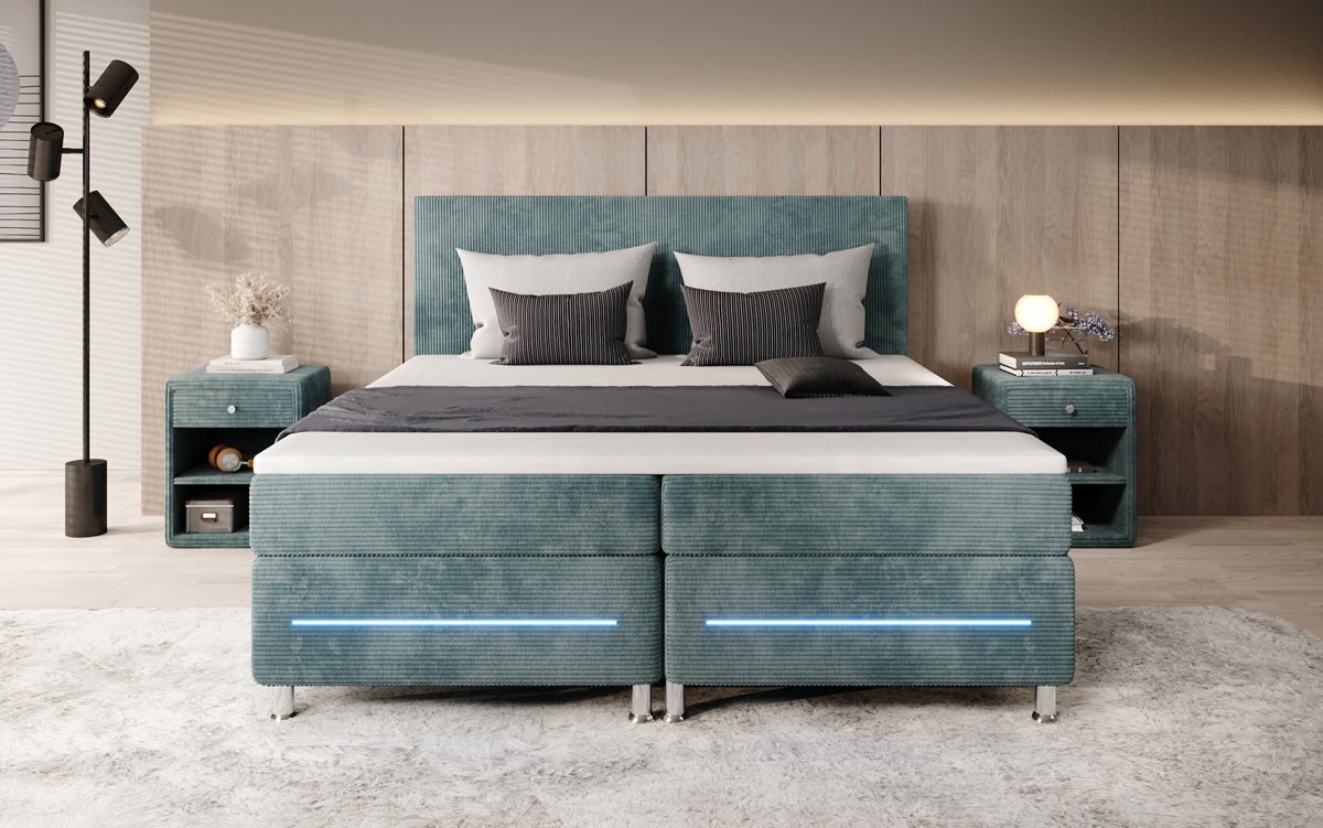 Simple box spring bed with LED in corduroy