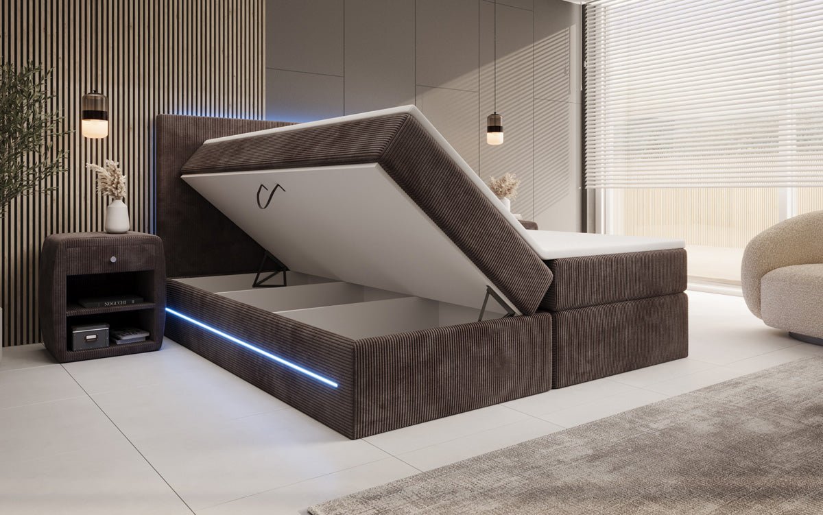 Voyage Boxspring Bed with LED and Storage in Cord