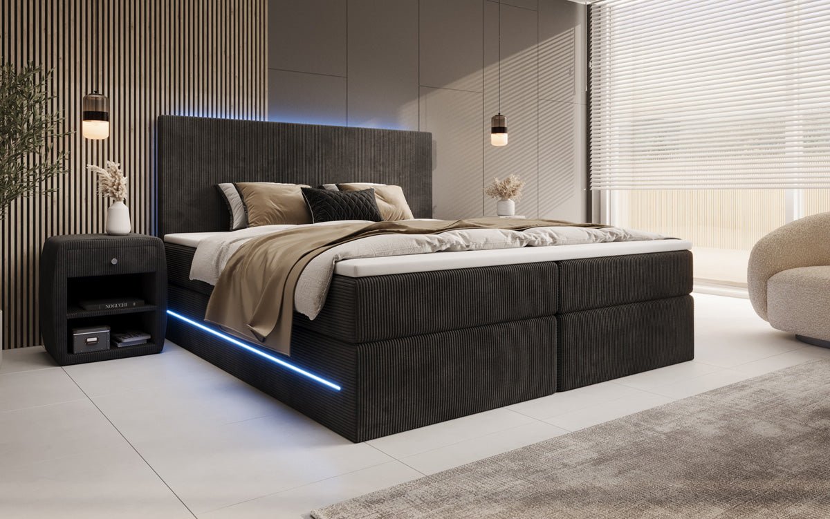 Voyage Boxspring Bed with LED and Storage in Cord