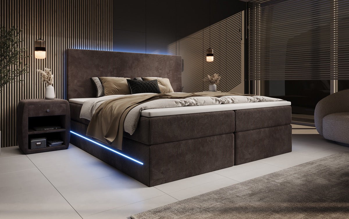Voyage Boxspring Bed with LED and Storage in Cord