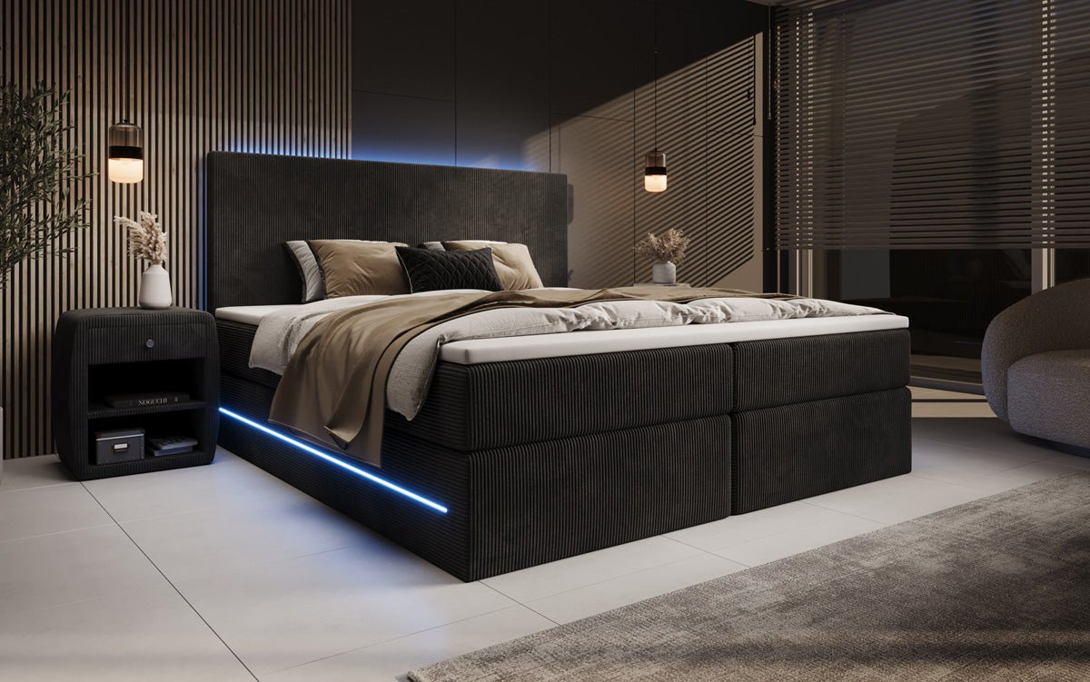 Voyage Boxspring Bed with LED and Storage in Cord