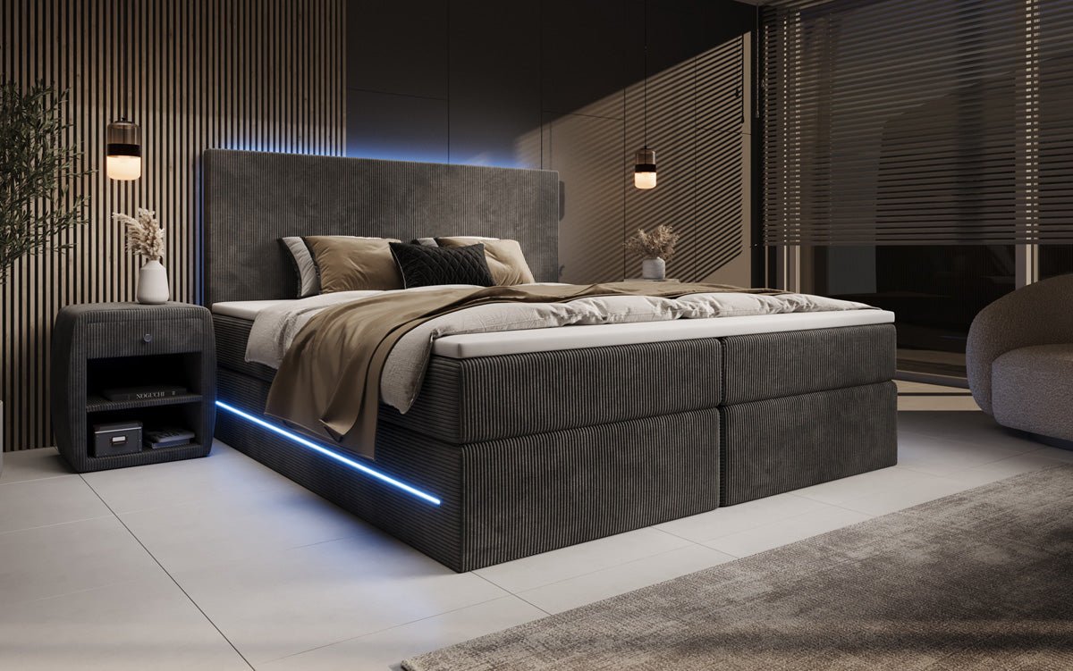Voyage Boxspring Bed with LED and Storage in Cord