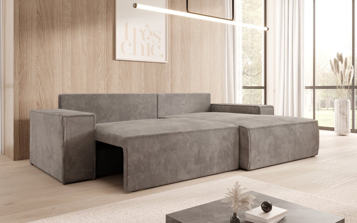 Designer Sofa Corino aus Cord mat Schloof- a Klapfunktioun