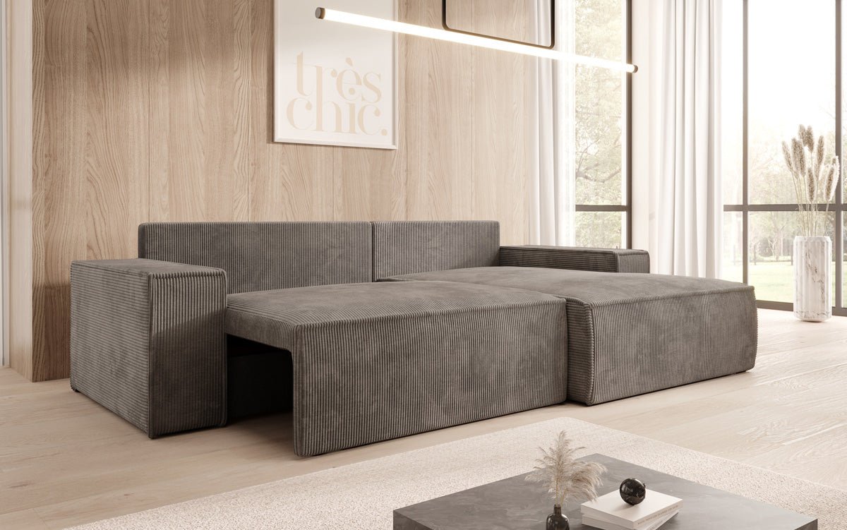 Designer Sofa Corino aus Cord mat Schloof- a Klapfunktioun