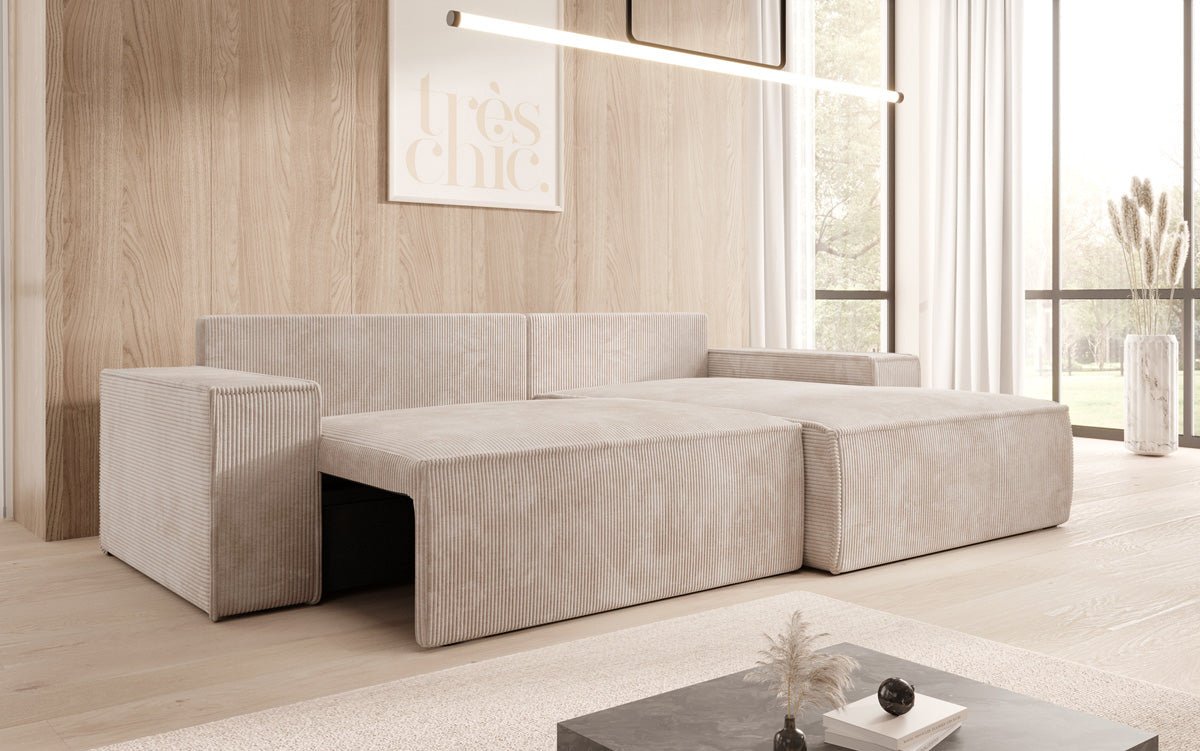 Designer Sofa Corino aus Cord mat Schloof- a Klapfunktioun