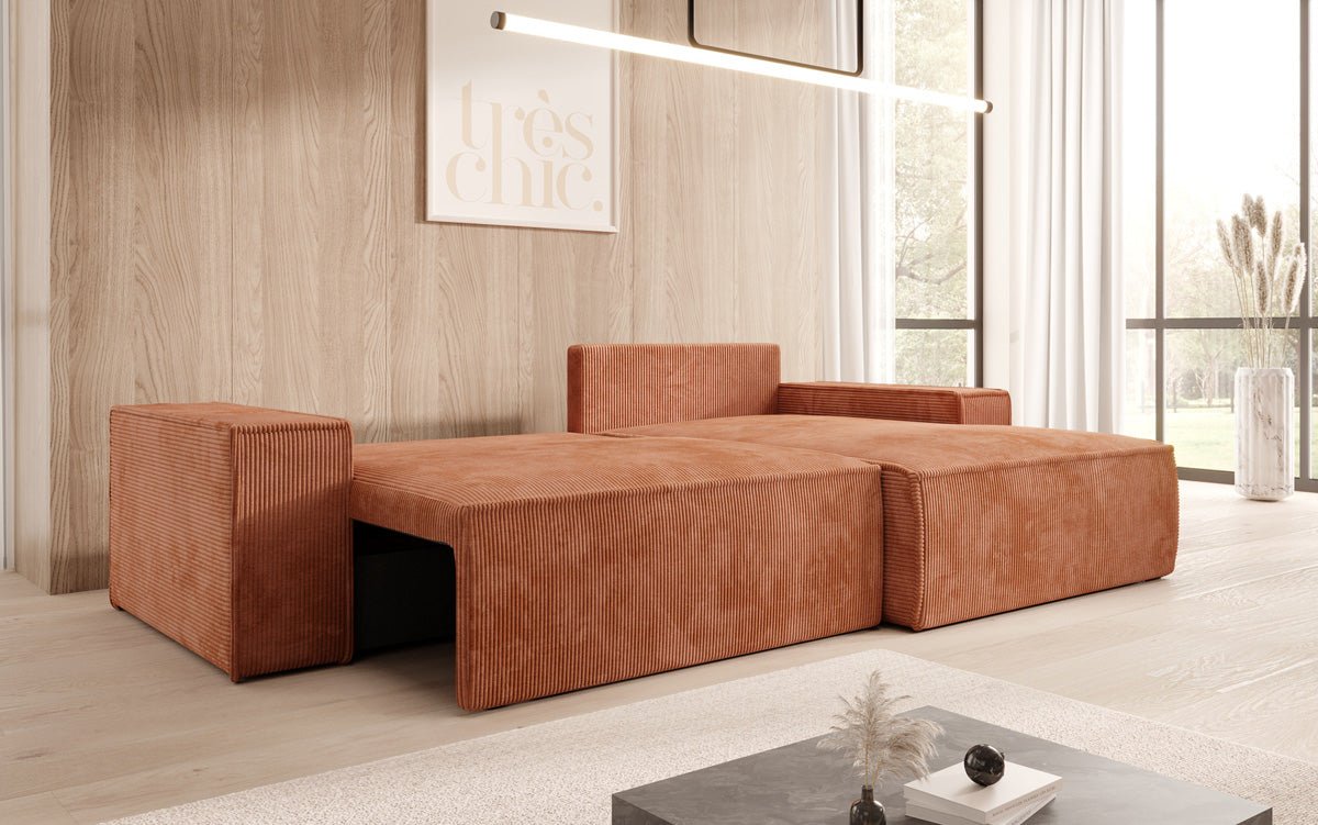 Designer Sofa Corino aus Cord mat Schloof- a Klapfunktioun