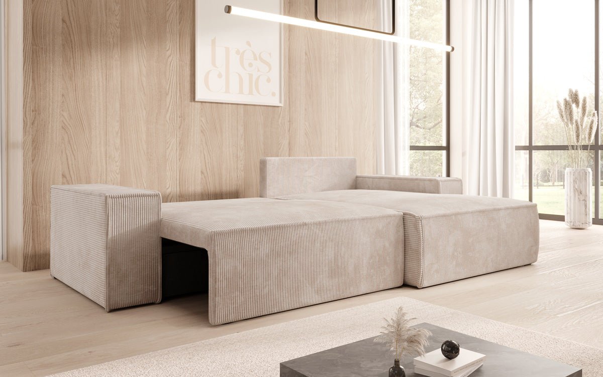 Designer Sofa Corino aus Cord mat Schloof- a Klapfunktioun