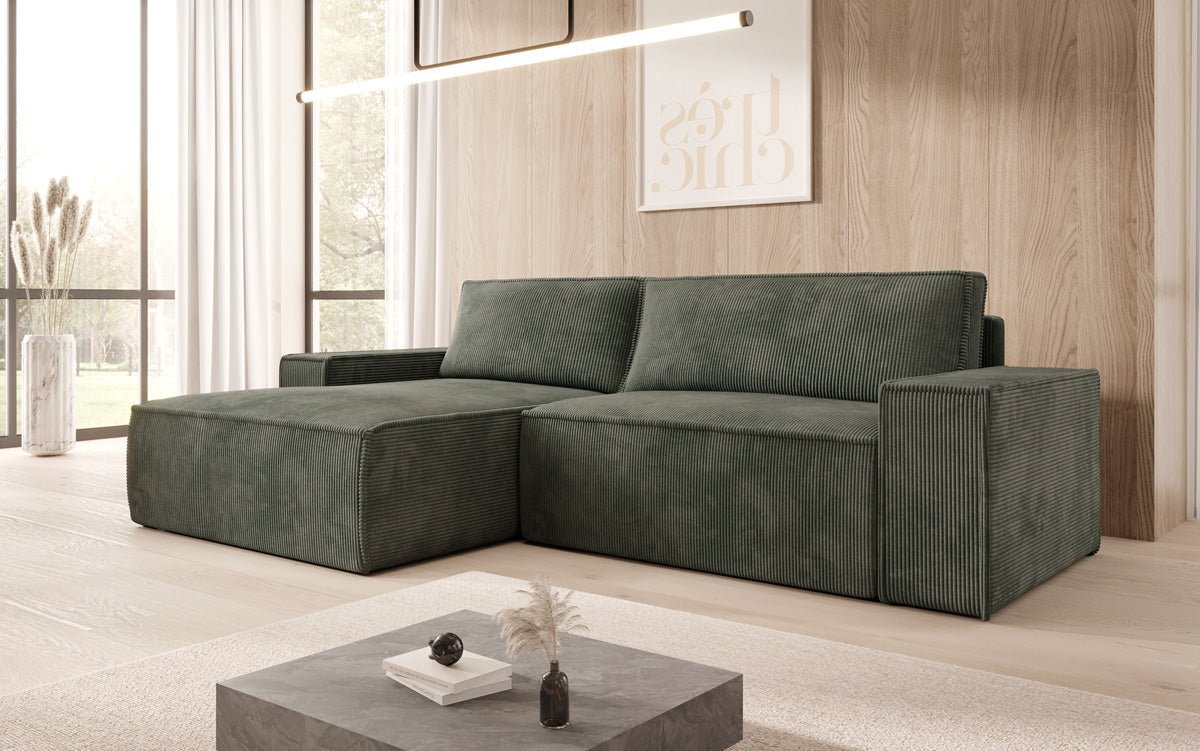 Designer Sofa Corino aus Cord mat Schloof- a Klapfunktioun