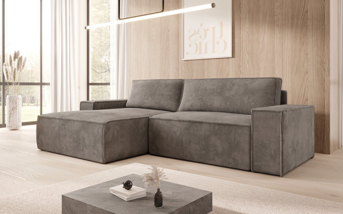 Designer Sofa Corino aus Cord mat Schloof- a Klapfunktioun