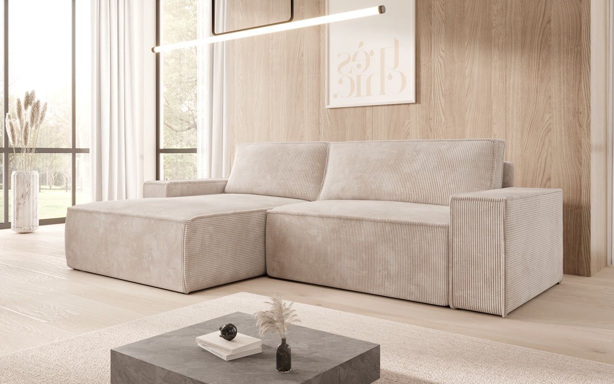 Designer Sofa Corino aus Cord mat Schloof- a Klapfunktioun