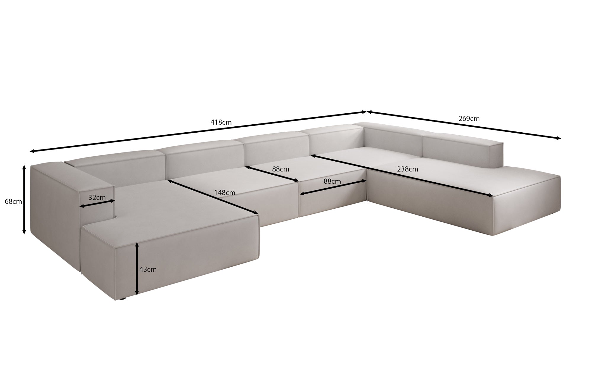 Designer Sofa Lesley U XXL in Genuine Leather