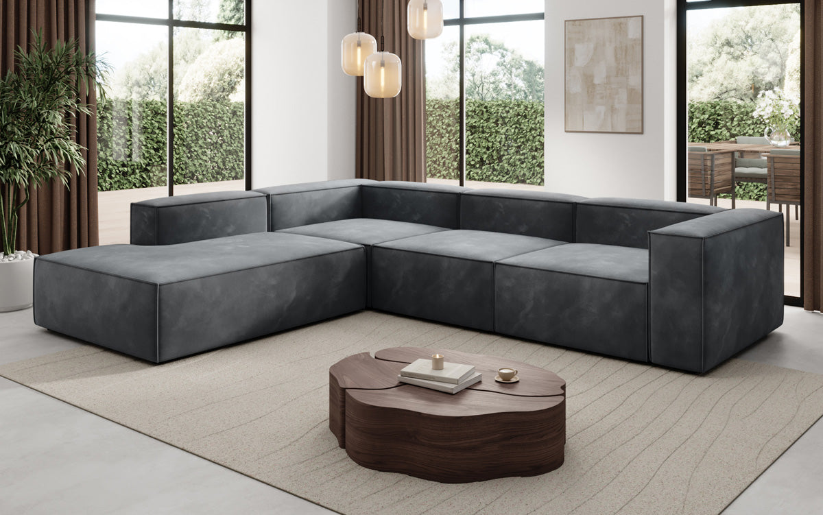Designer Sofa Lesley L with long ottoman in velvet