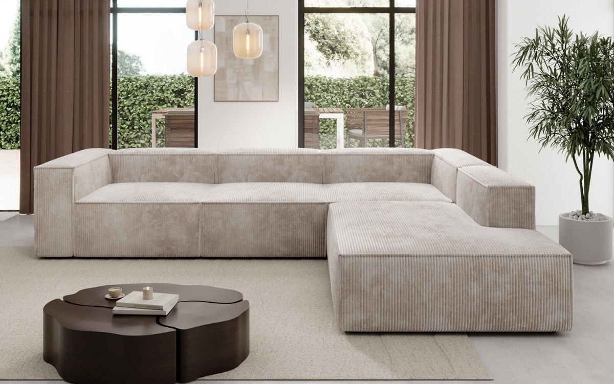 Designer Sofa Lesley L with long ottoman in corduroy