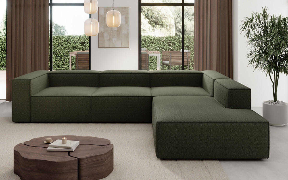 Designer Sofa Lesley L mat laanger Ottomane a Bouclé