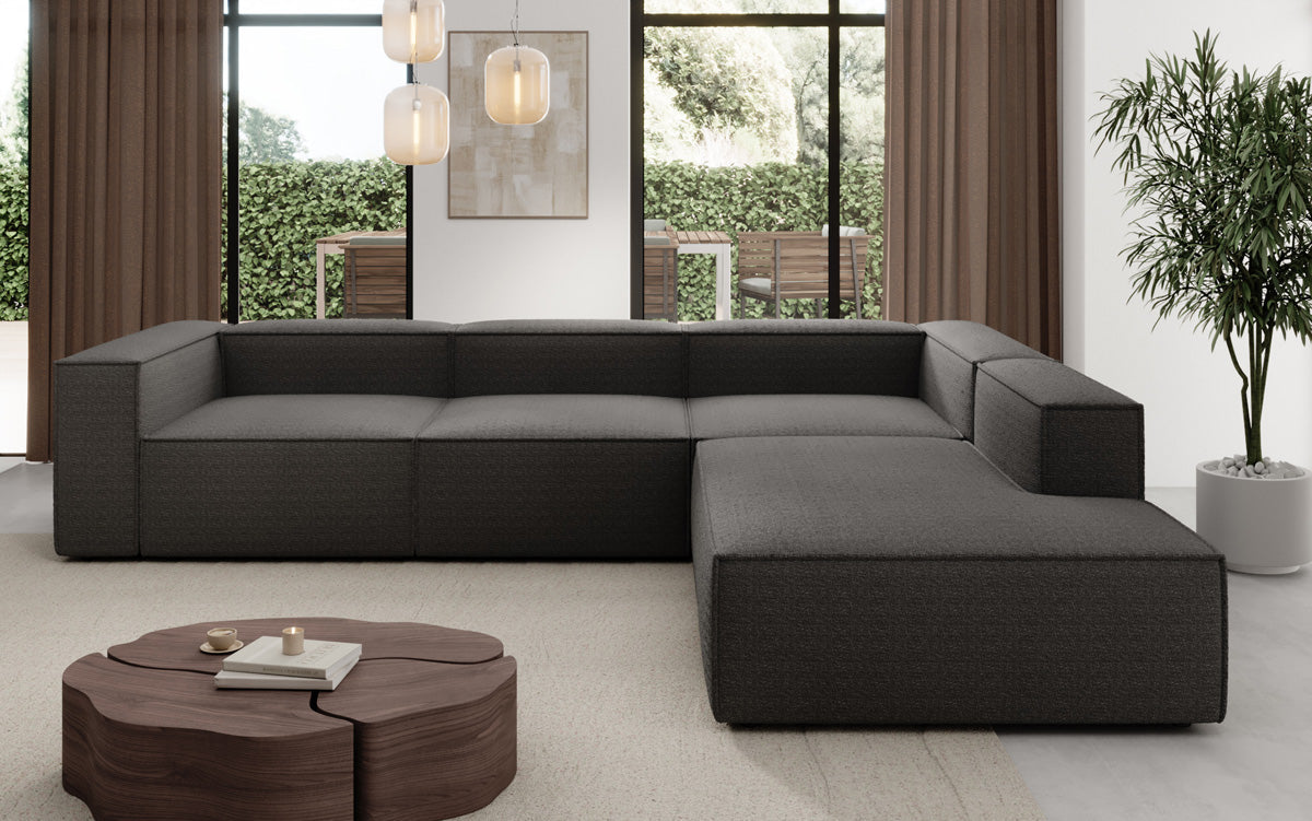 Designer Sofa Lesley L mat laanger Ottomane a Bouclé