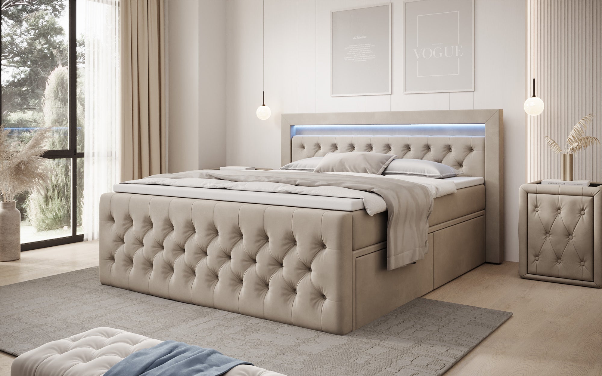 Lit boxspring Menzogna Velours avec LED et espace de rangement (2 tiroirs)