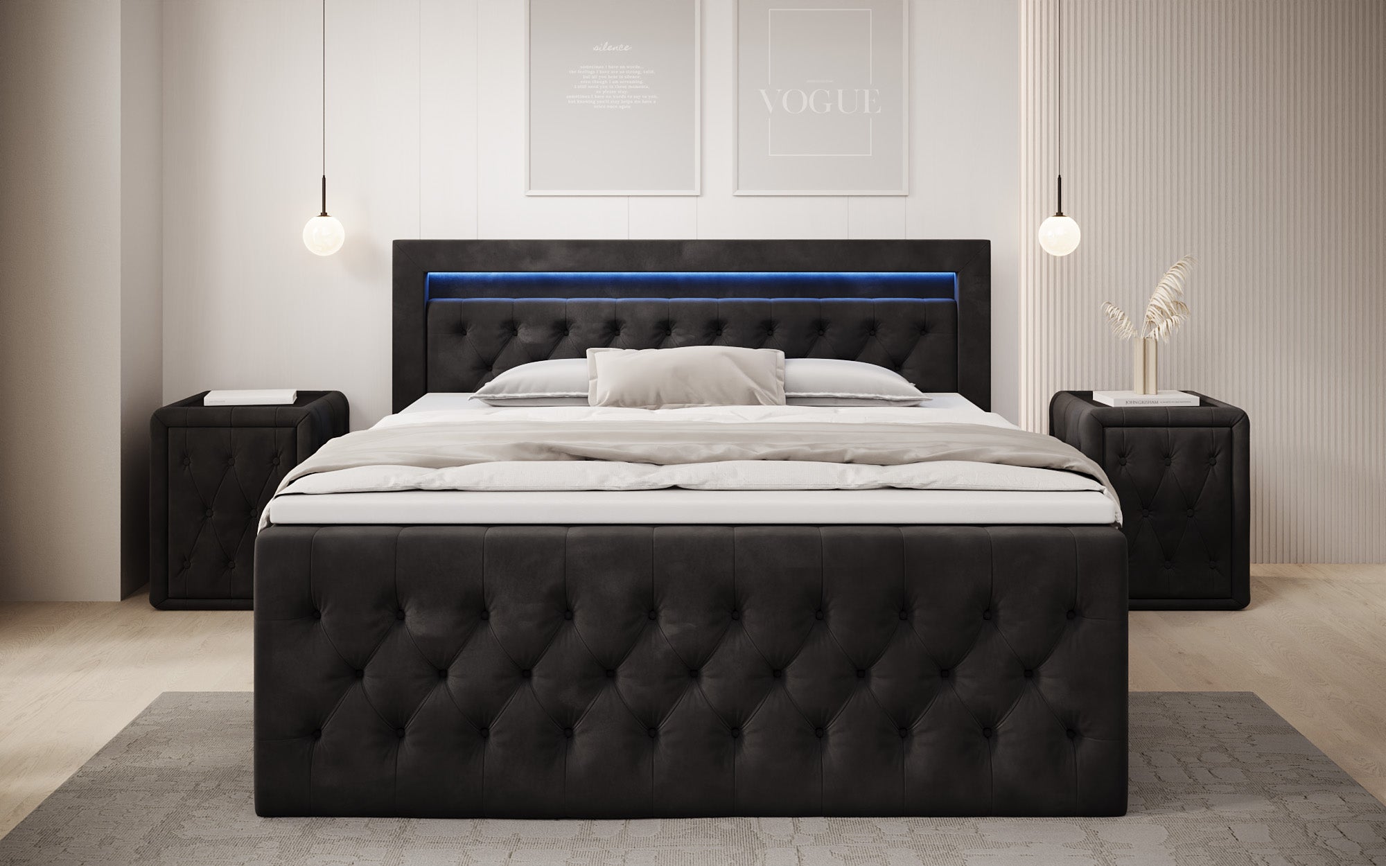 Lit boxspring Menzogna Velours avec LED et espace de rangement (2 tiroirs)