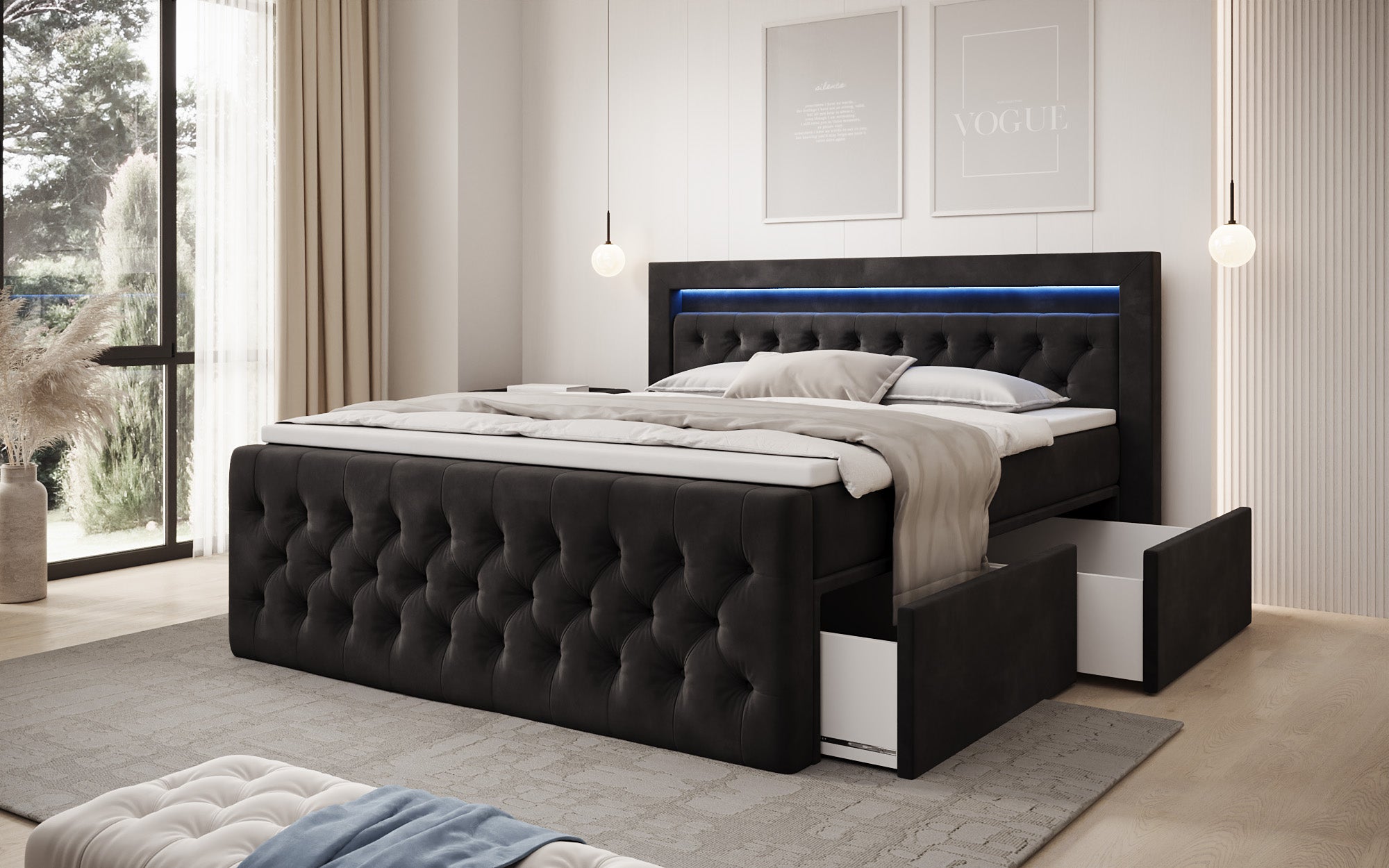 Lit boxspring Menzogna Velours avec LED et espace de rangement (2 tiroirs)