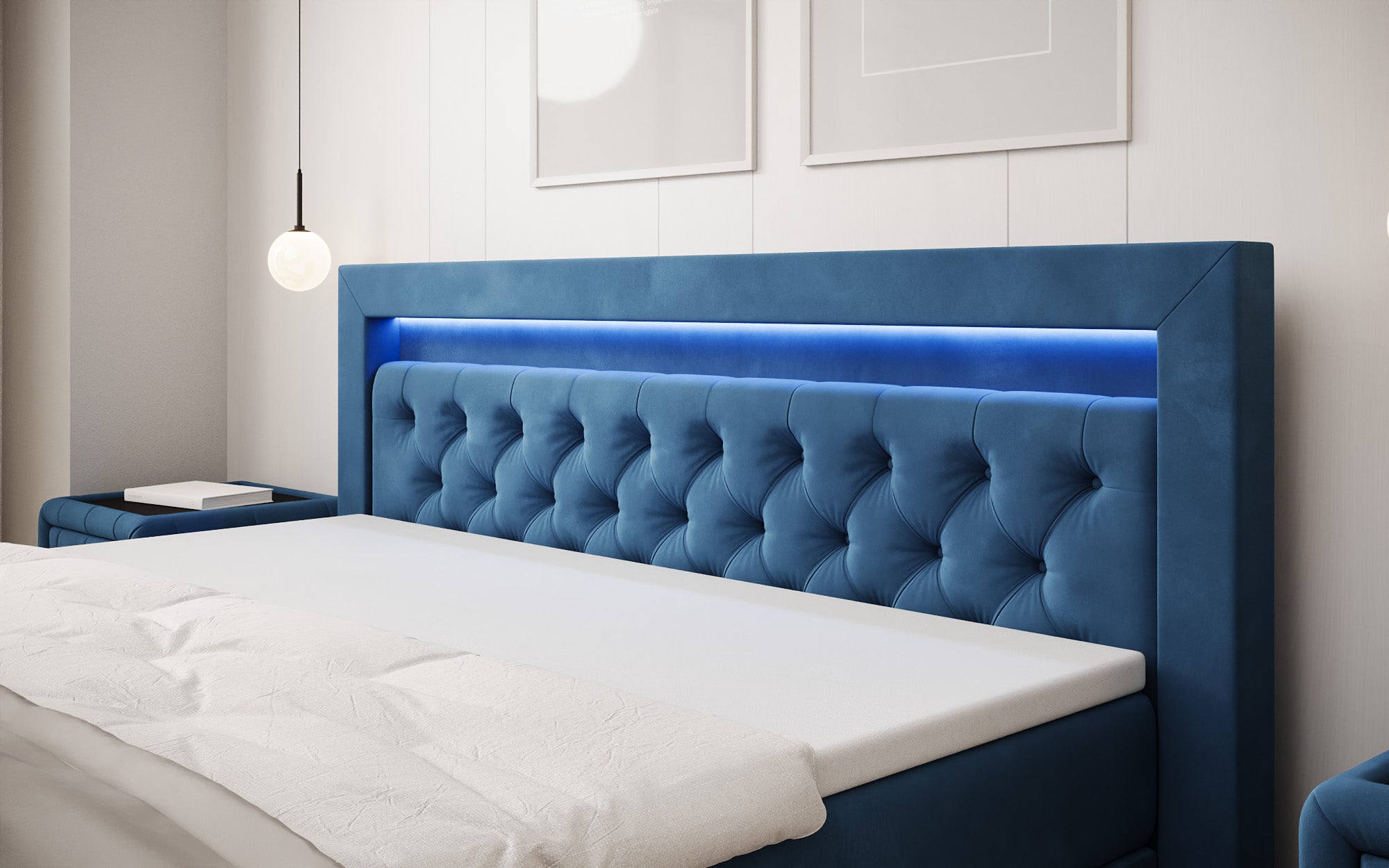 Lit boxspring Menzogna Velours avec LED et espace de rangement (2 tiroirs)